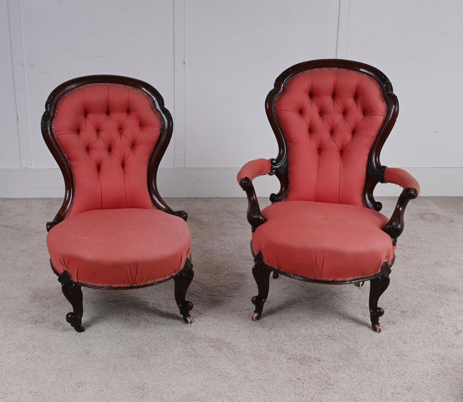 Pair Victorian Balloon Back Armchair Side Chair His And Hers Parlour Salon
