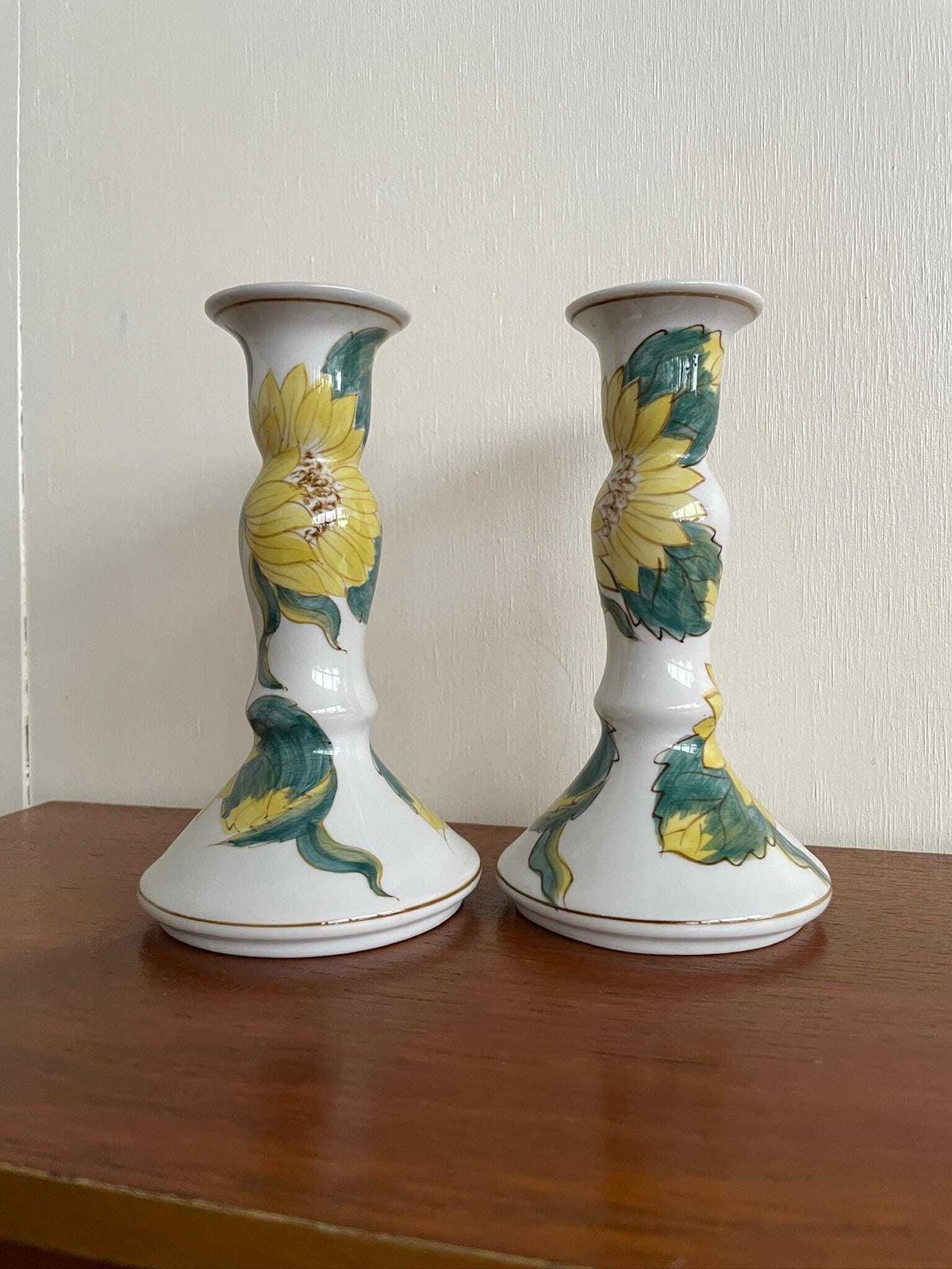 Pair Of Hand Painted Ceramic Candlesticks With Sunflower Floral Illustrations photo vinterior