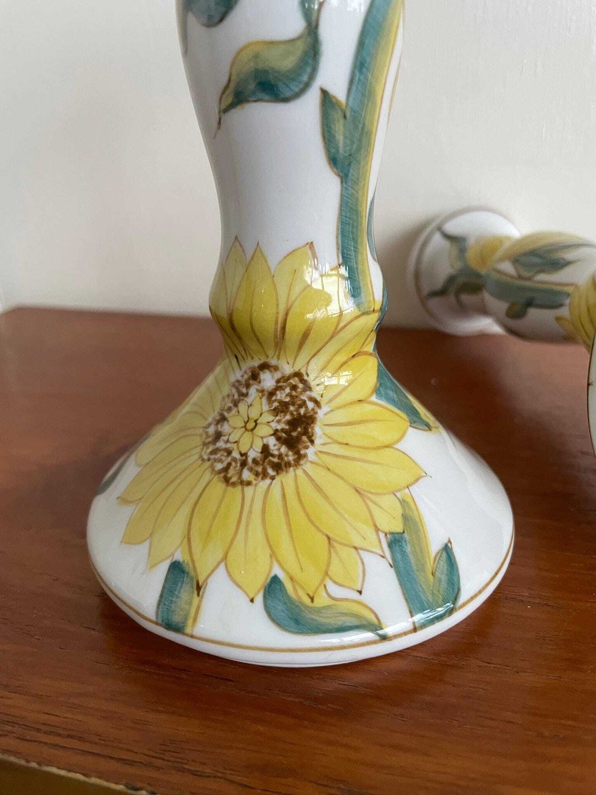 photo for sale Pair Of Hand Painted Ceramic Candlesticks With Sunflower Floral Illustrations