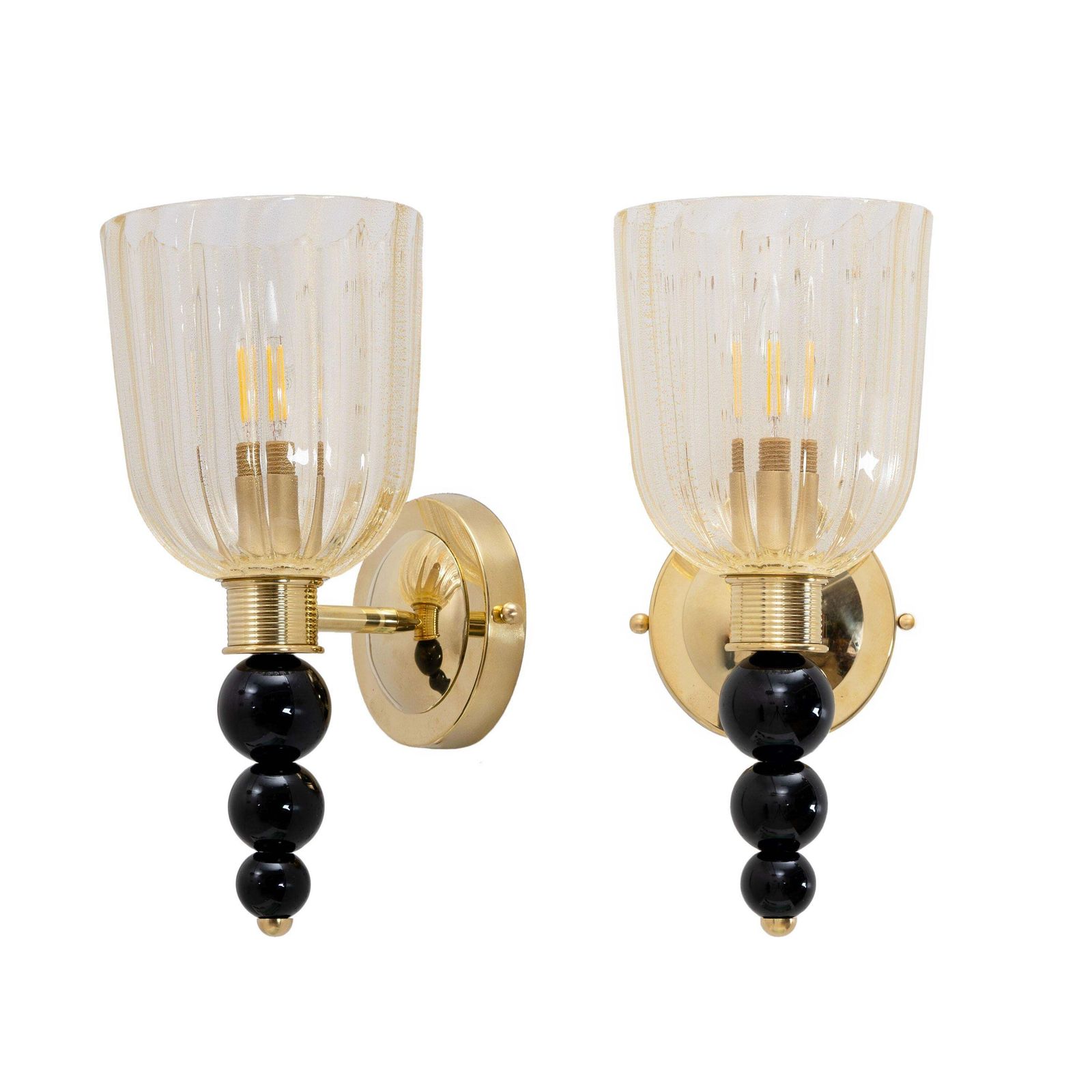 Pair Of Italian Murano Glass Wall Sconces With Gold Dust Inclusions And Brass photo furniture
