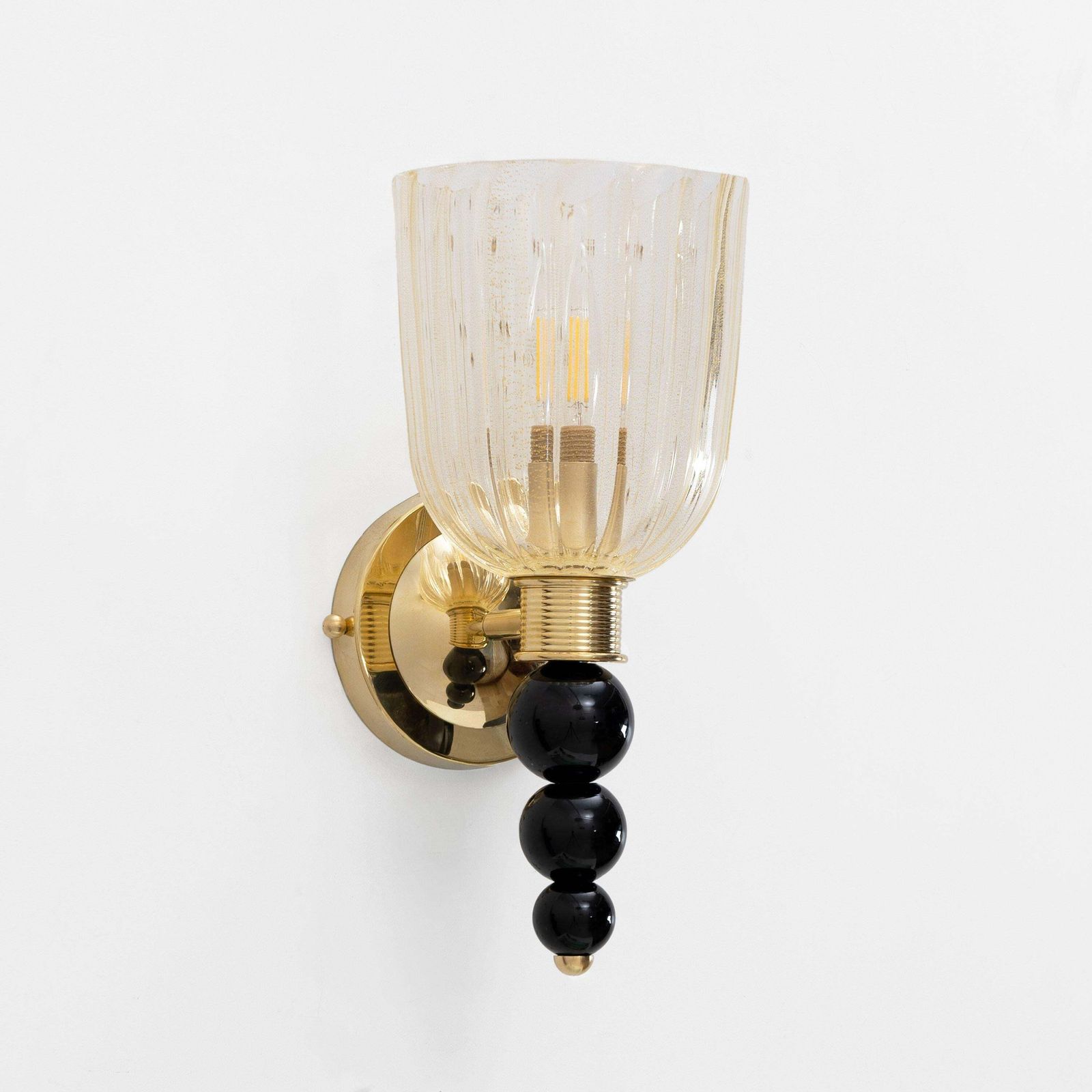 Pair Of Italian Murano Glass Wall Sconces With Gold Dust Inclusions And Brass photo for sale