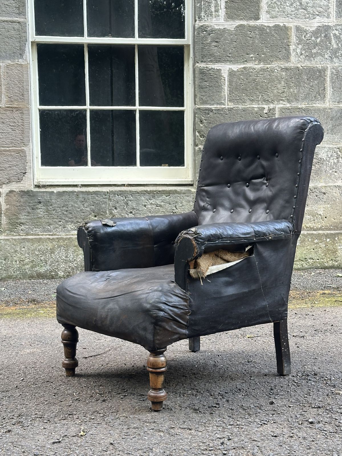 A Victorian Oak And Sailcloth Upholstered Library Armchair