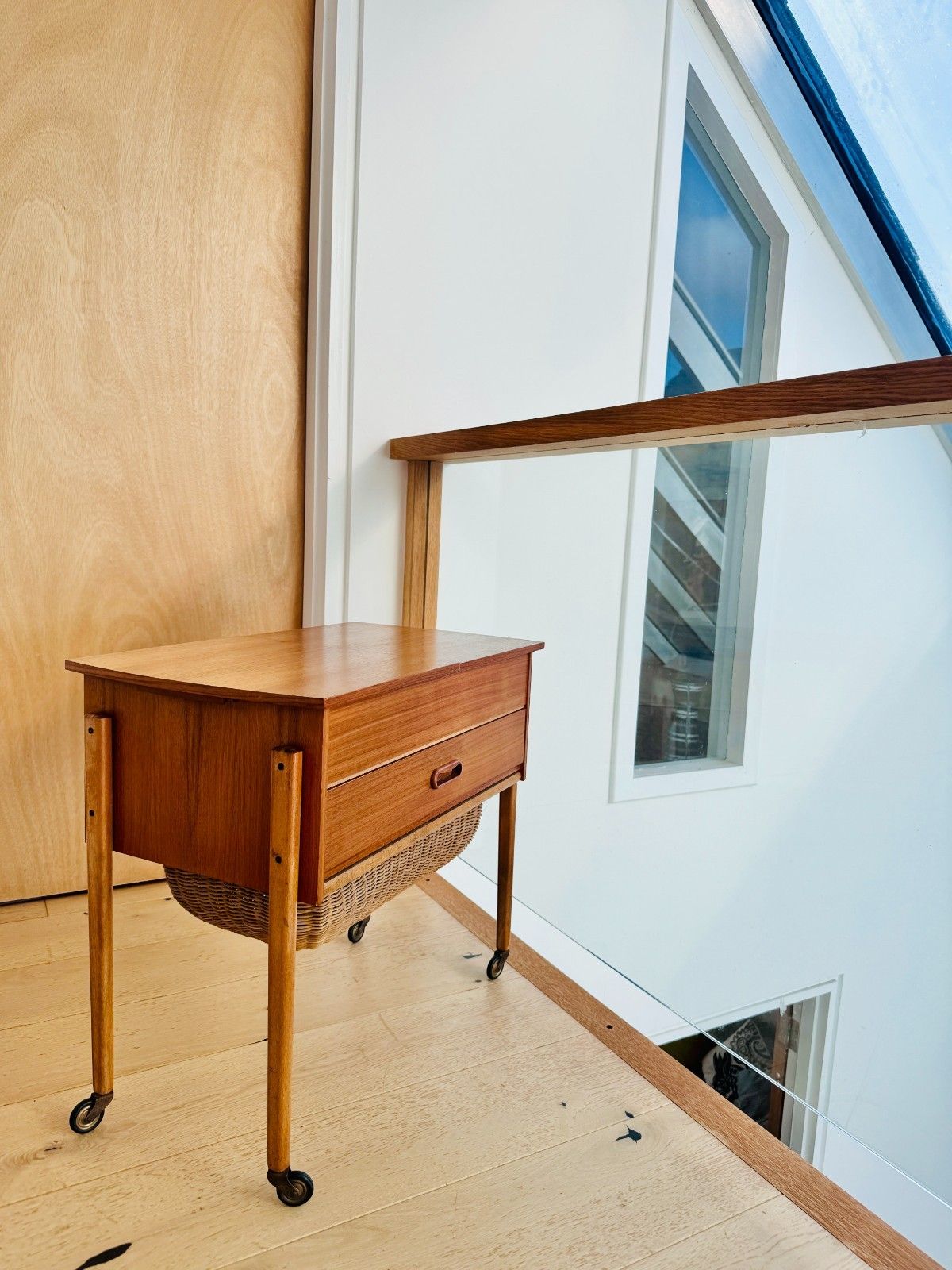 photo for sale Vintage Danish Sewing Trolley With Sliding Doors, Drawer And Wicker Wool Basket