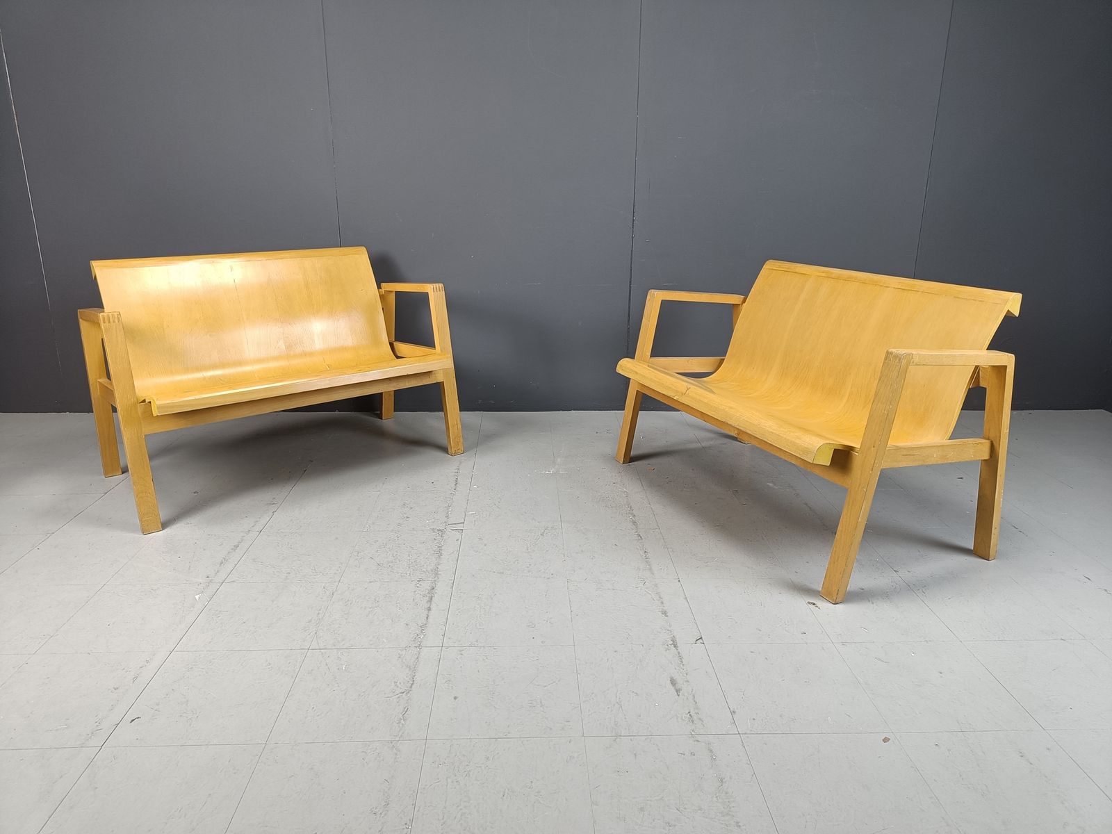 Mid Century Plywood Benches In The Manner Of Alvar Aalto, 1960   Set Of 2 photo Furniture