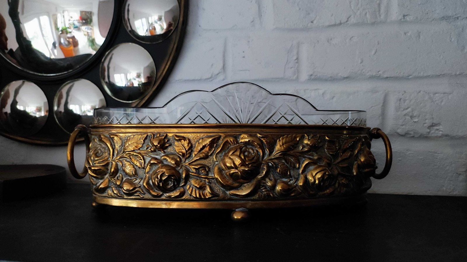 photo vintage Antique French Brass & Crystal Jardiniere   Elegant Centerpiece Fruit Bowl