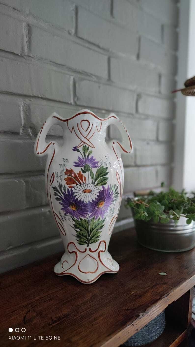French Art Nouveau Floral Vase In White Earthenware, Saint Amand photo Home Decor