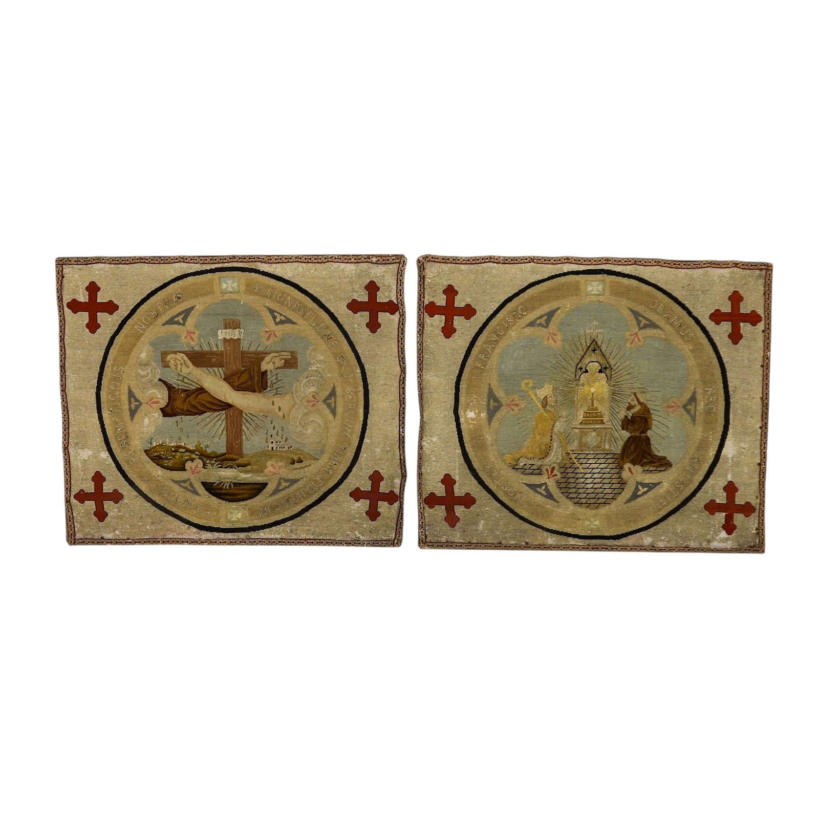 Pair Of Religious Needlepoint Tapestries   Dedicated To St France & The Poor Clares Orders