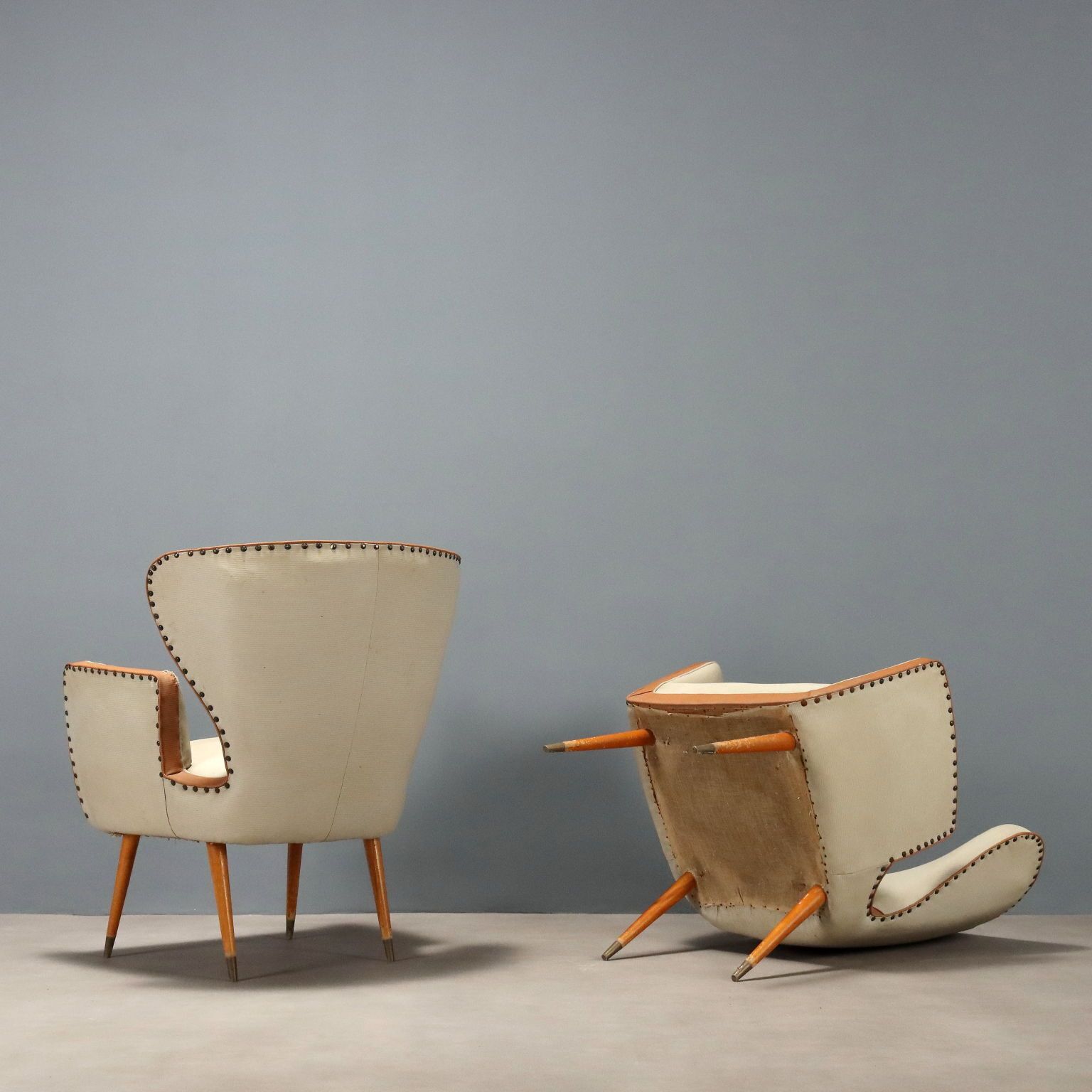 Furniture Vintage Armchairs Wood Brass Leatherette Design Italy 1960s photo