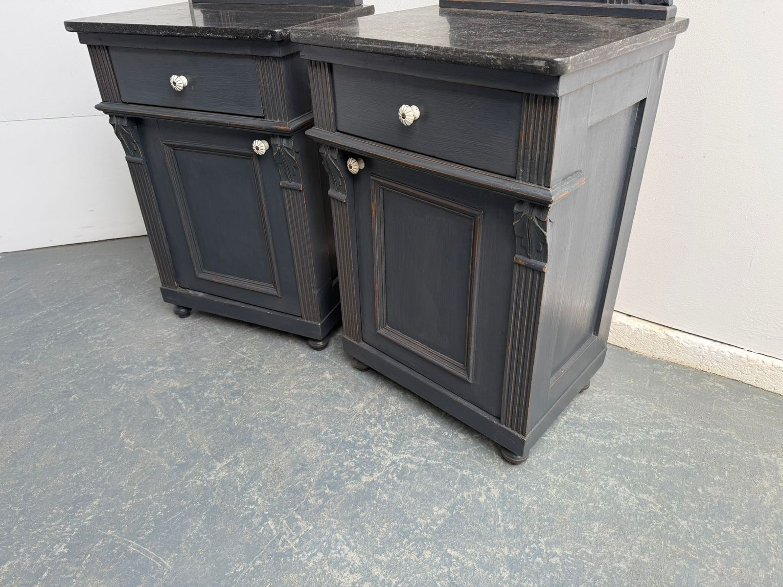A Lovely Pair Of Original Hungarian Antique Oak & Pine Marble Bedside Cabinets photo for sale