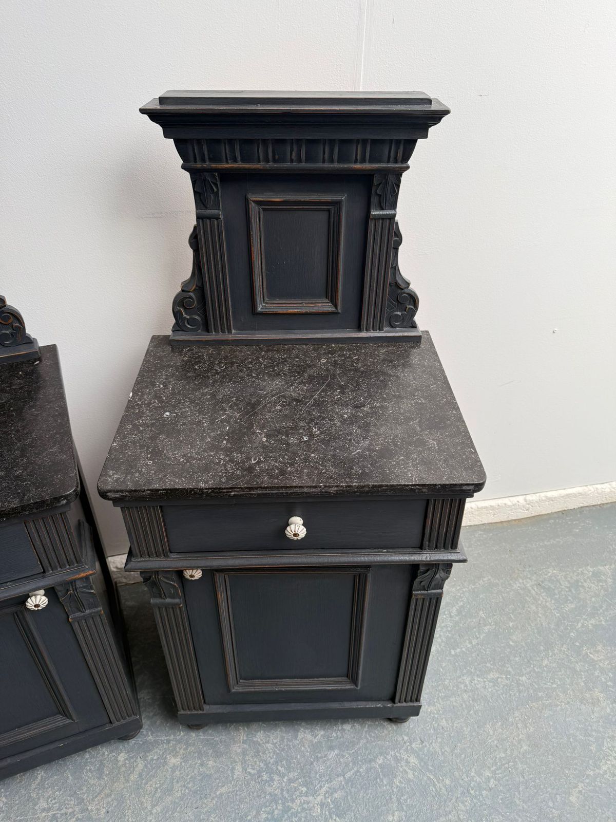 photo for sale A Lovely Pair Of Original Hungarian Antique Oak & Pine Marble Bedside Cabinets