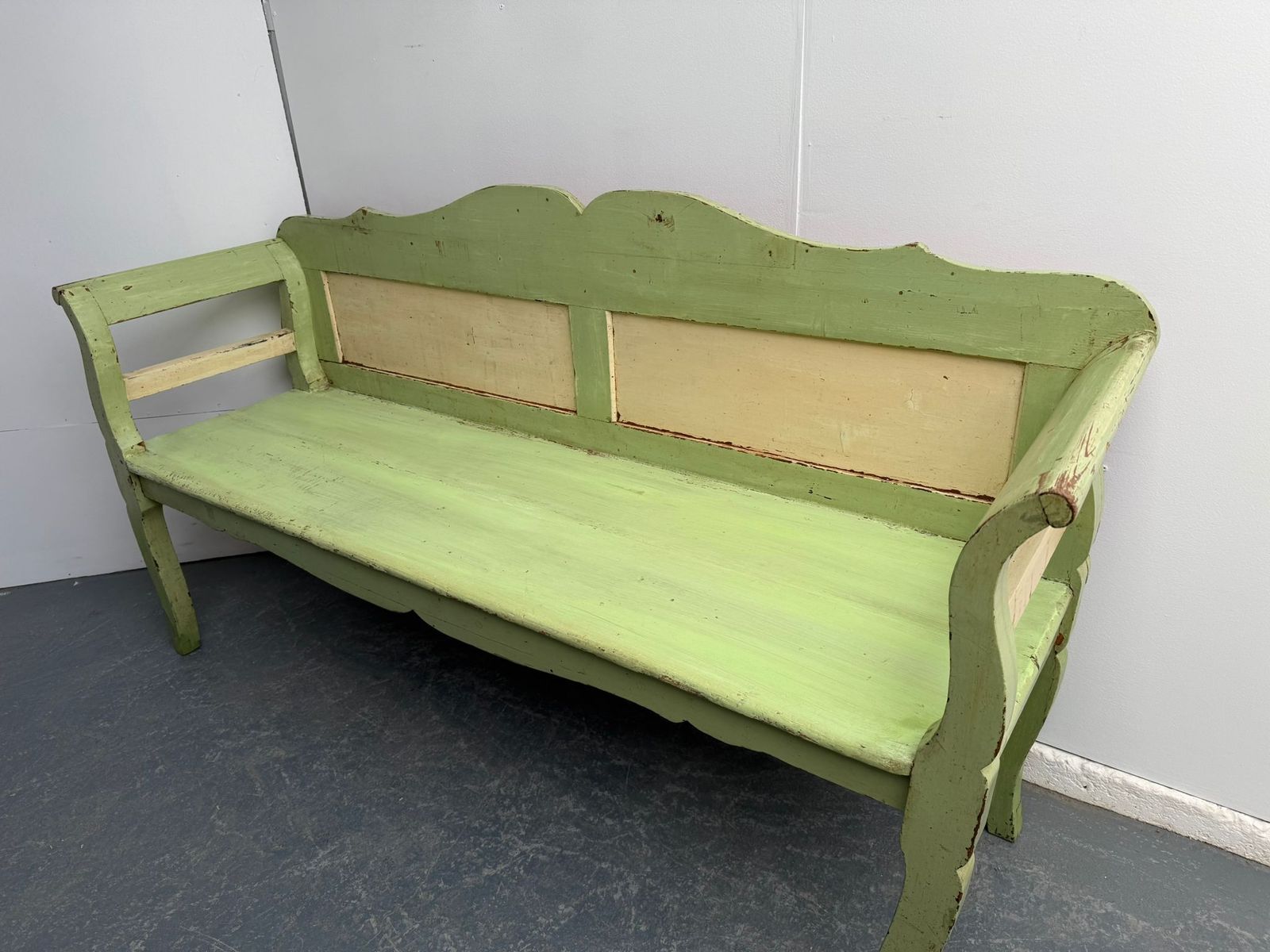 Genuine Victorian Pine Hungarian 3 Seater Painted Cream & Green Box Settle photo for sale