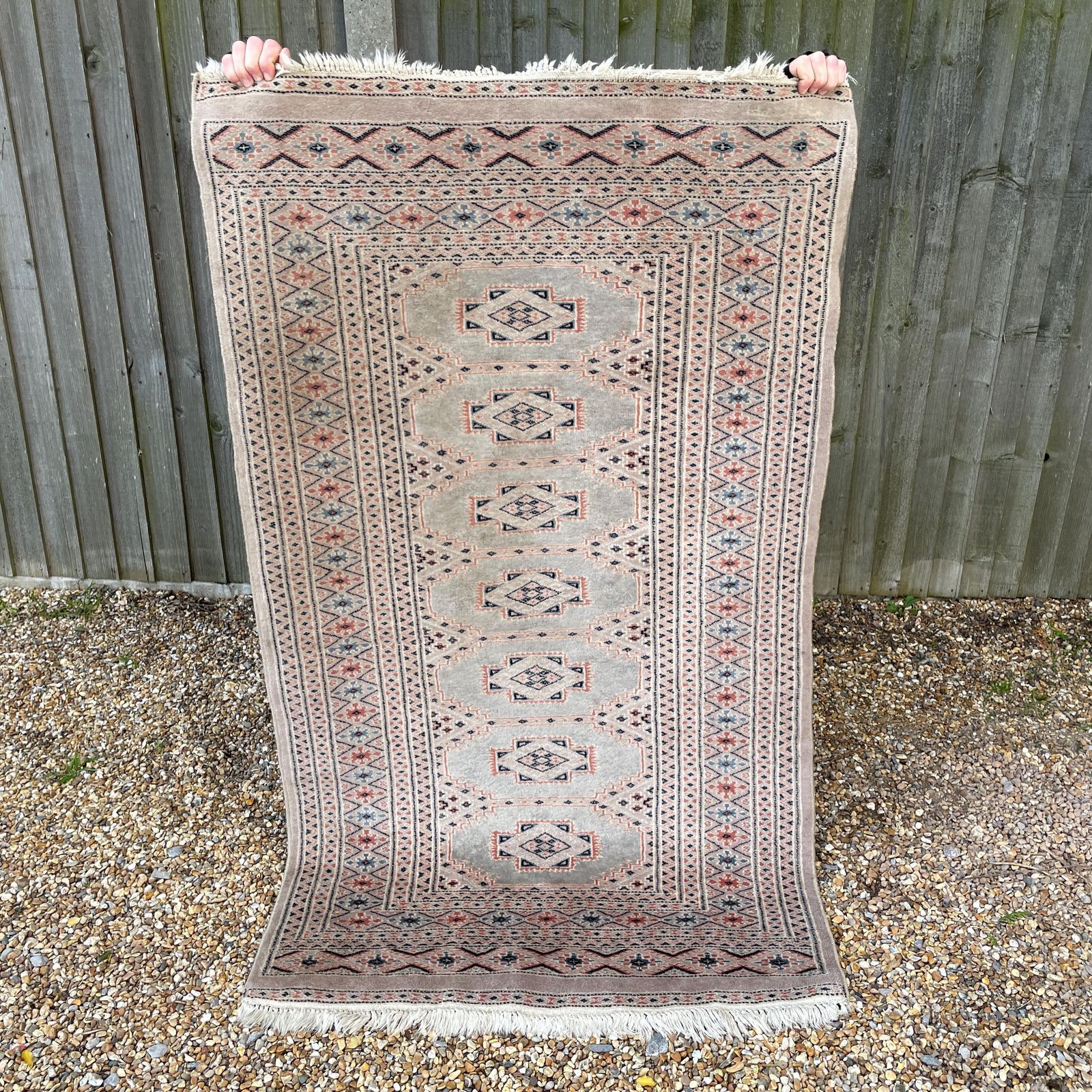 Cream Bokhara Rug Hand Knotted Wool Geometric Pattern Runner Carpet Vintage Middle Eastern Pale Muted Tones