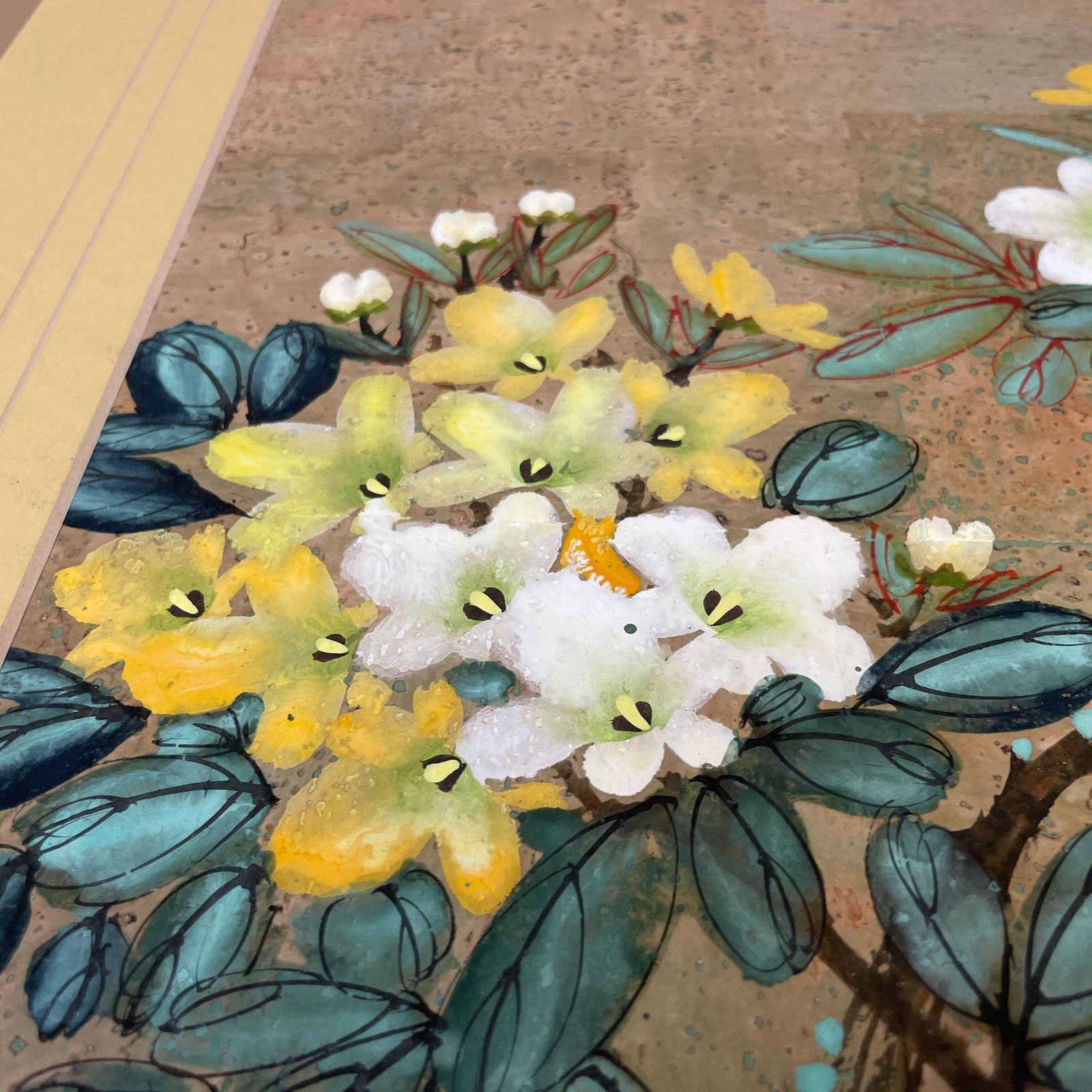 Hand Painted Cork Art Oriental Birds Flowers Unframed Chinese Panel Picture Bird Botanical Style Asian Mount photo Art