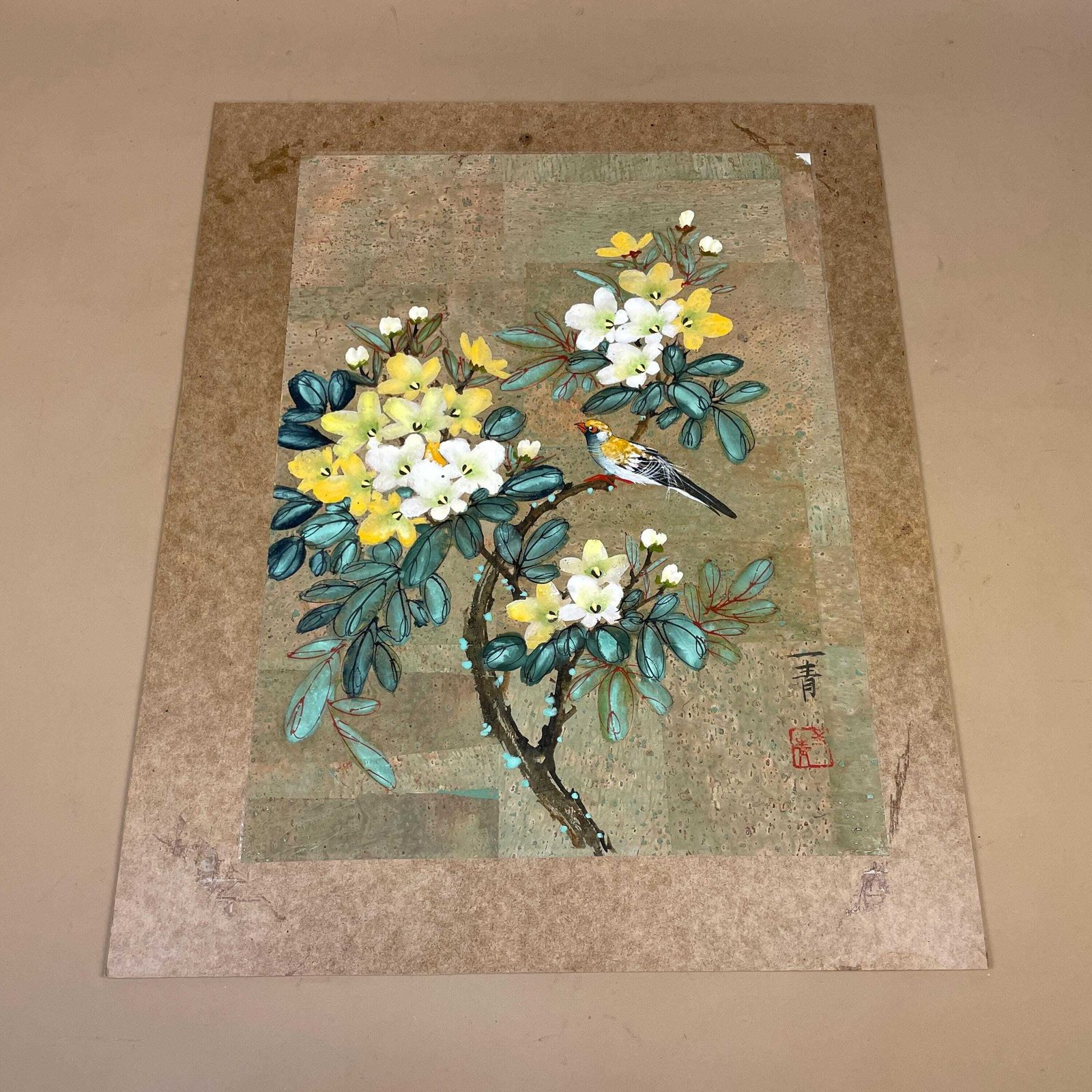 Hand Painted Cork Art Oriental Birds Flowers Unframed Chinese Panel Picture Bird Botanical Style Asian Mount photo vintage