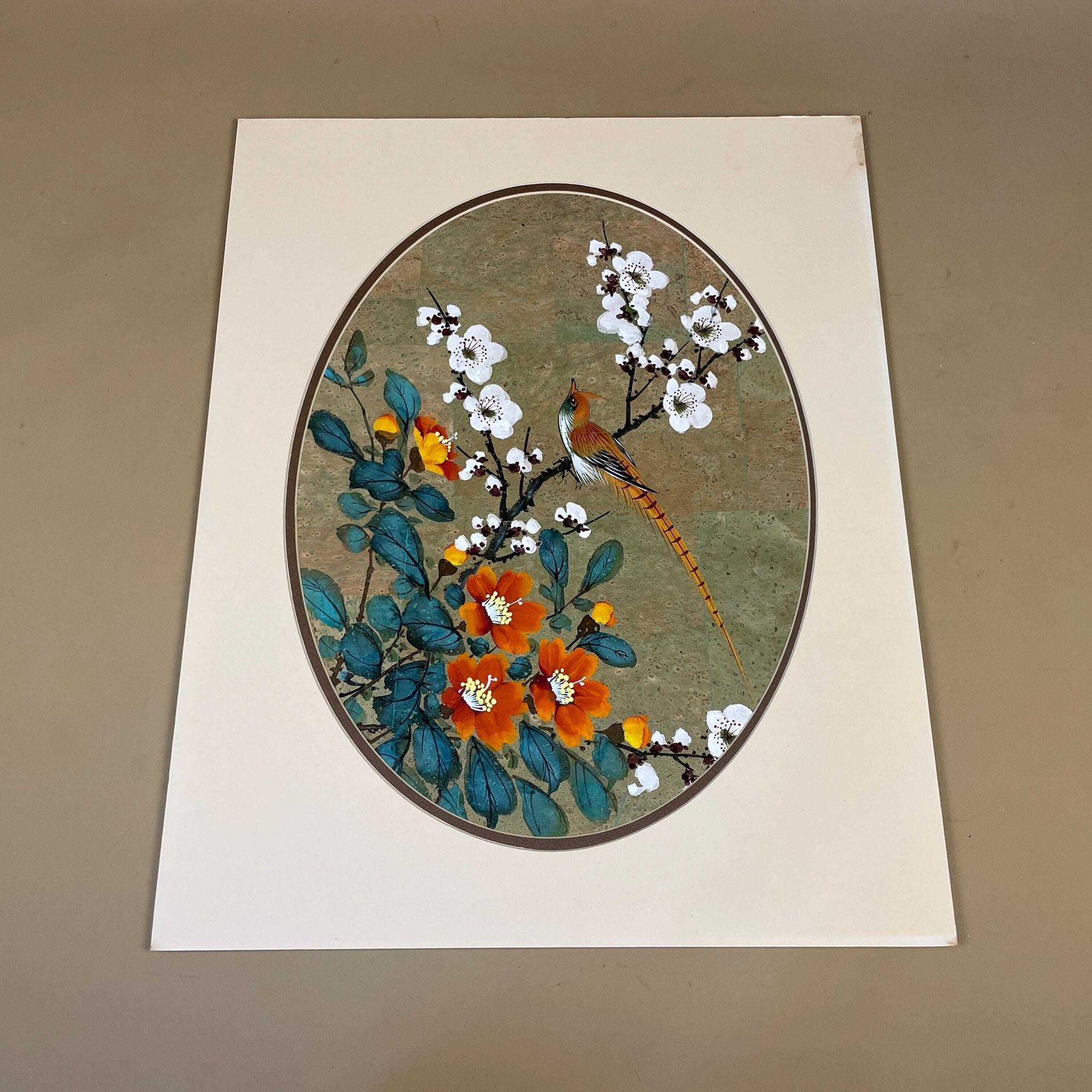 Hand Painted Cork Art Oriental Birds Flowers Oval Unframed Chinese Panel Picture Bird Botanical Style Asian Mount