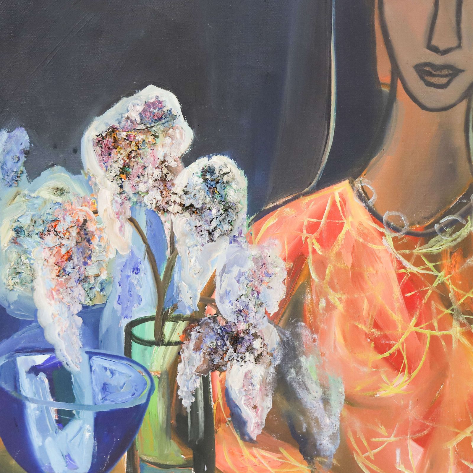 Swedish Mid 20th C Oil On Canvas ~ “Girl With A Jug Of Flowers” By Josef José, C.1960s photo vintage