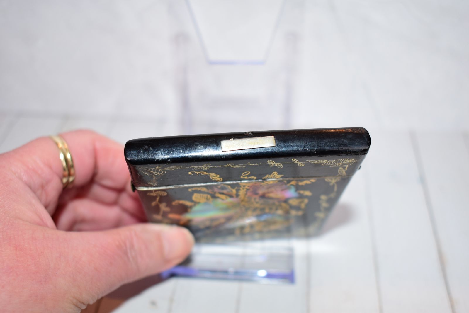 Mid Victorian Calling Card Case   Gorgeous Hand Painted Gold Scrolling & Abalone/Mother Of Pearl Floral Spray Inlay photo for sale