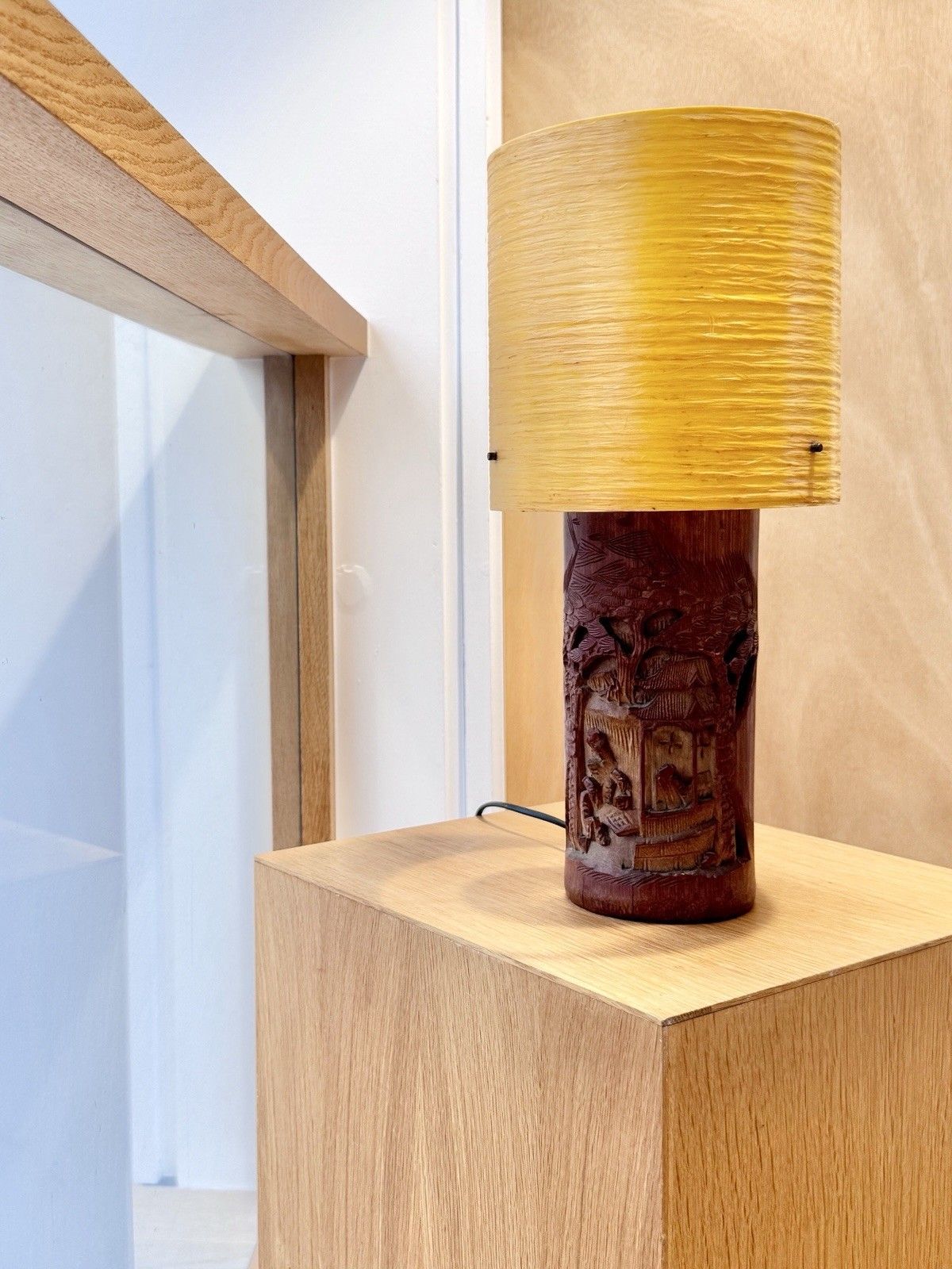Lighting A Pair Of Antique Chinese Scholars Carved Bamboo Paint Brush Pot Lamps Rewired photo