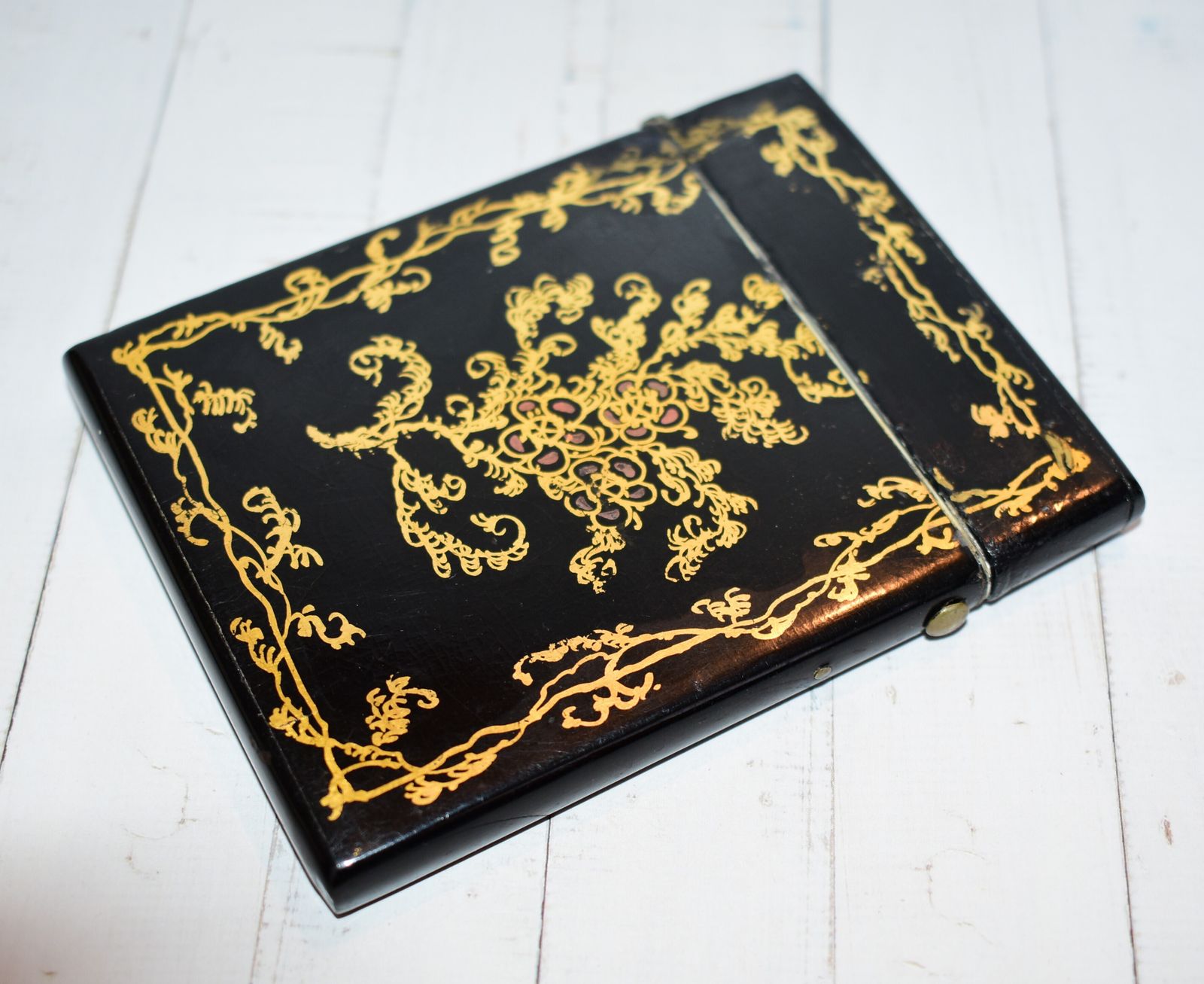 Mid Victorian Calling Card Case   Gorgeous Hand Painted Gold Scrolling & Abalone/Mother Of Pearl Floral Spray Inlay photo Home Decor