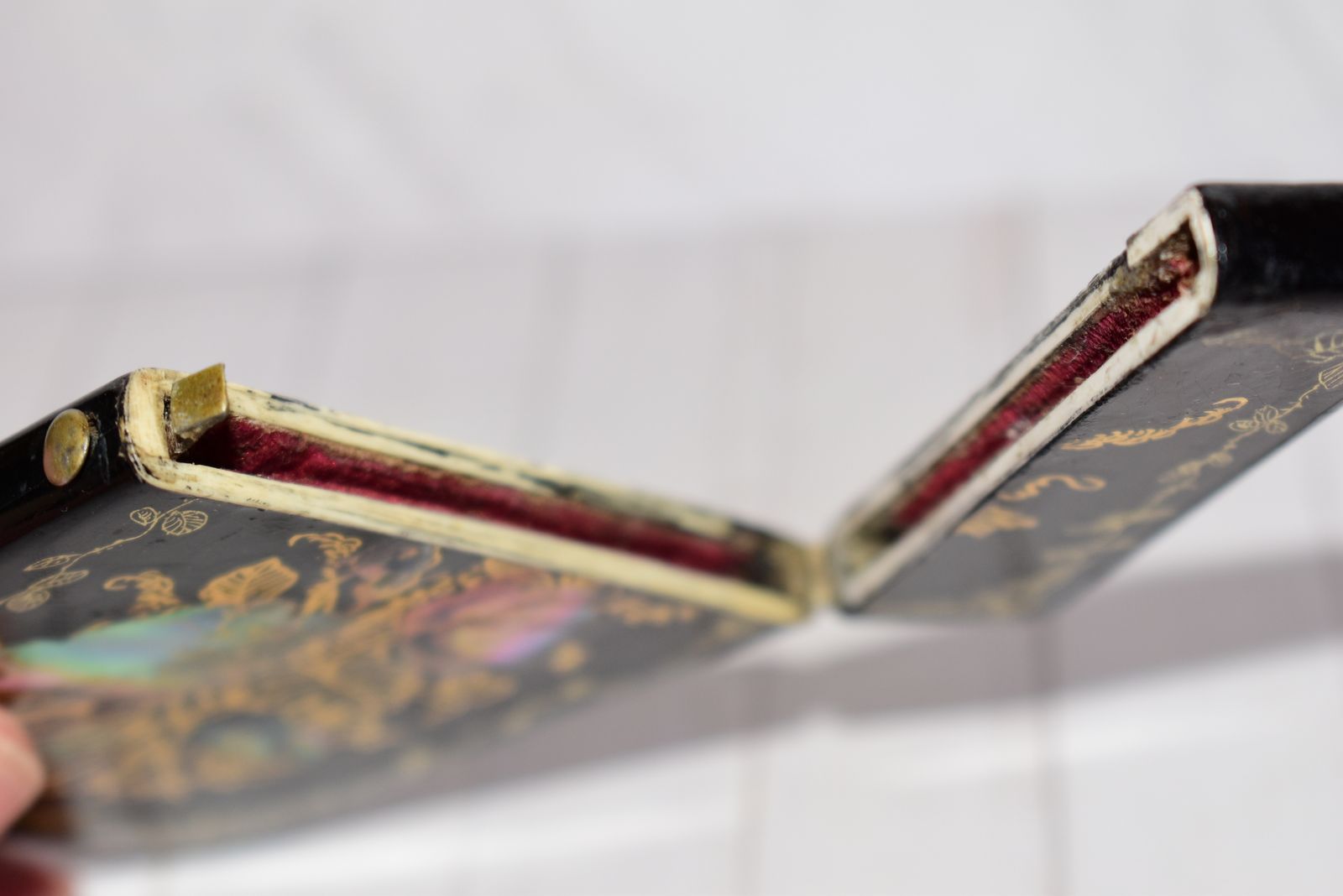 Mid Victorian Calling Card Case   Gorgeous Hand Painted Gold Scrolling & Abalone/Mother Of Pearl Floral Spray Inlay photo vintage