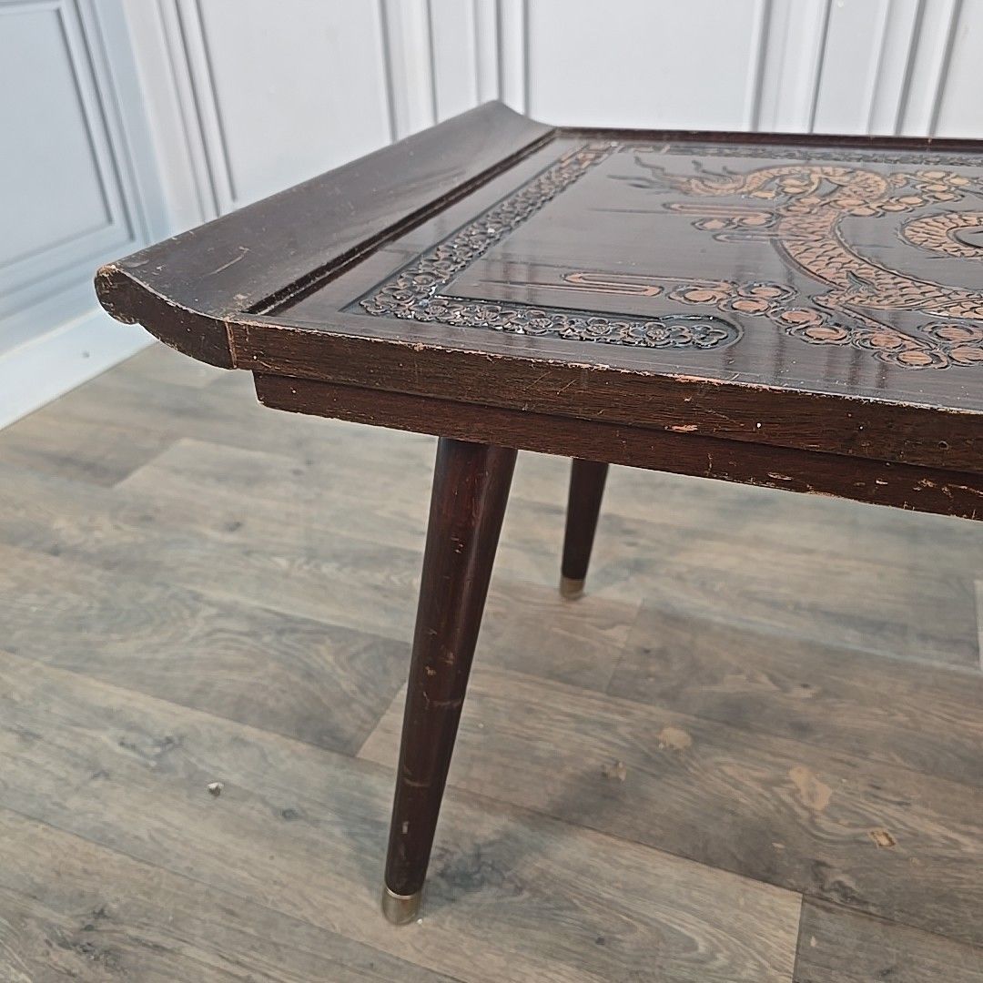 photo furniture Vintage Oriental Coffee Table Carved Panel Glass Top Hardwood Chinese Retro
