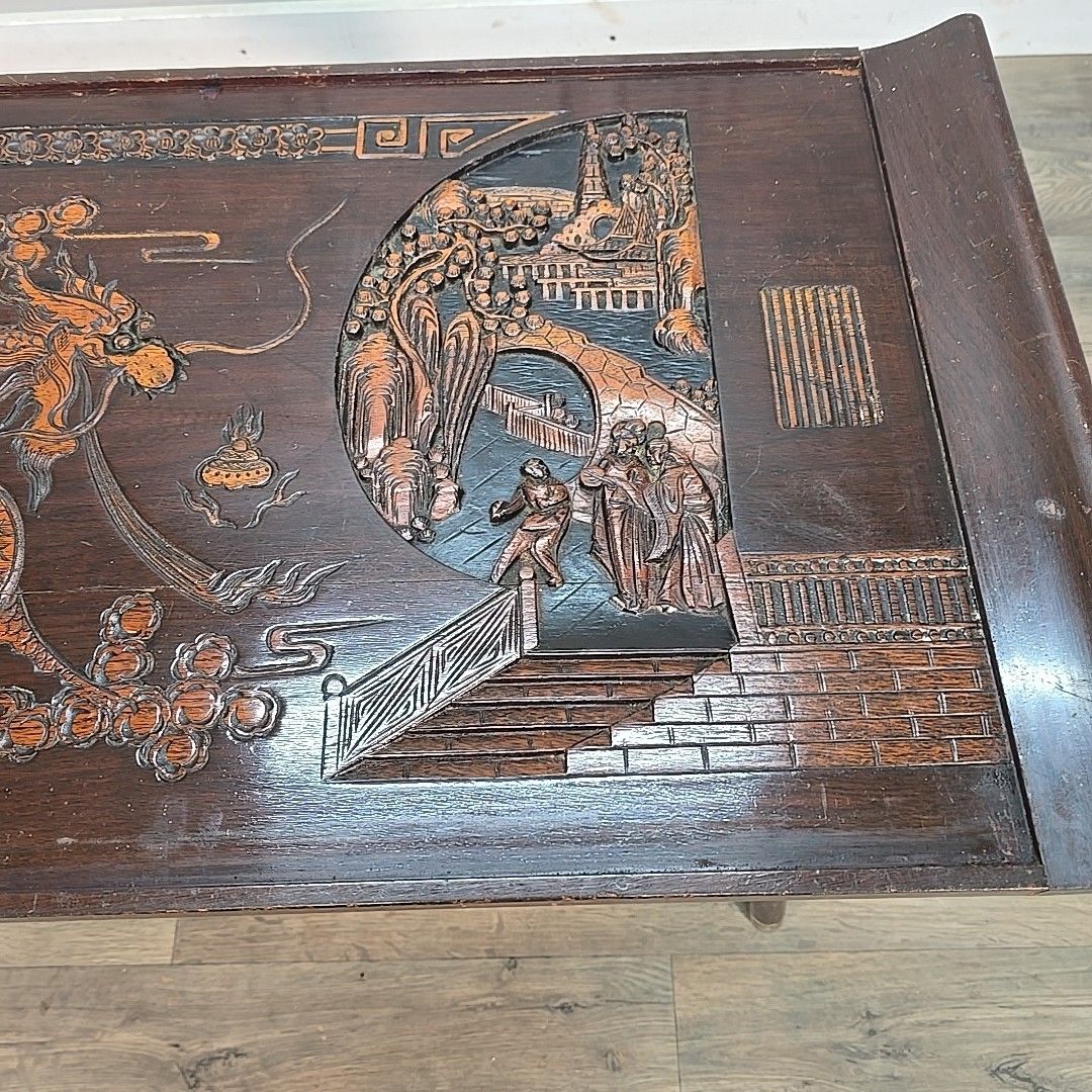 Furniture Vintage Oriental Coffee Table Carved Panel Glass Top Hardwood Chinese Retro photo