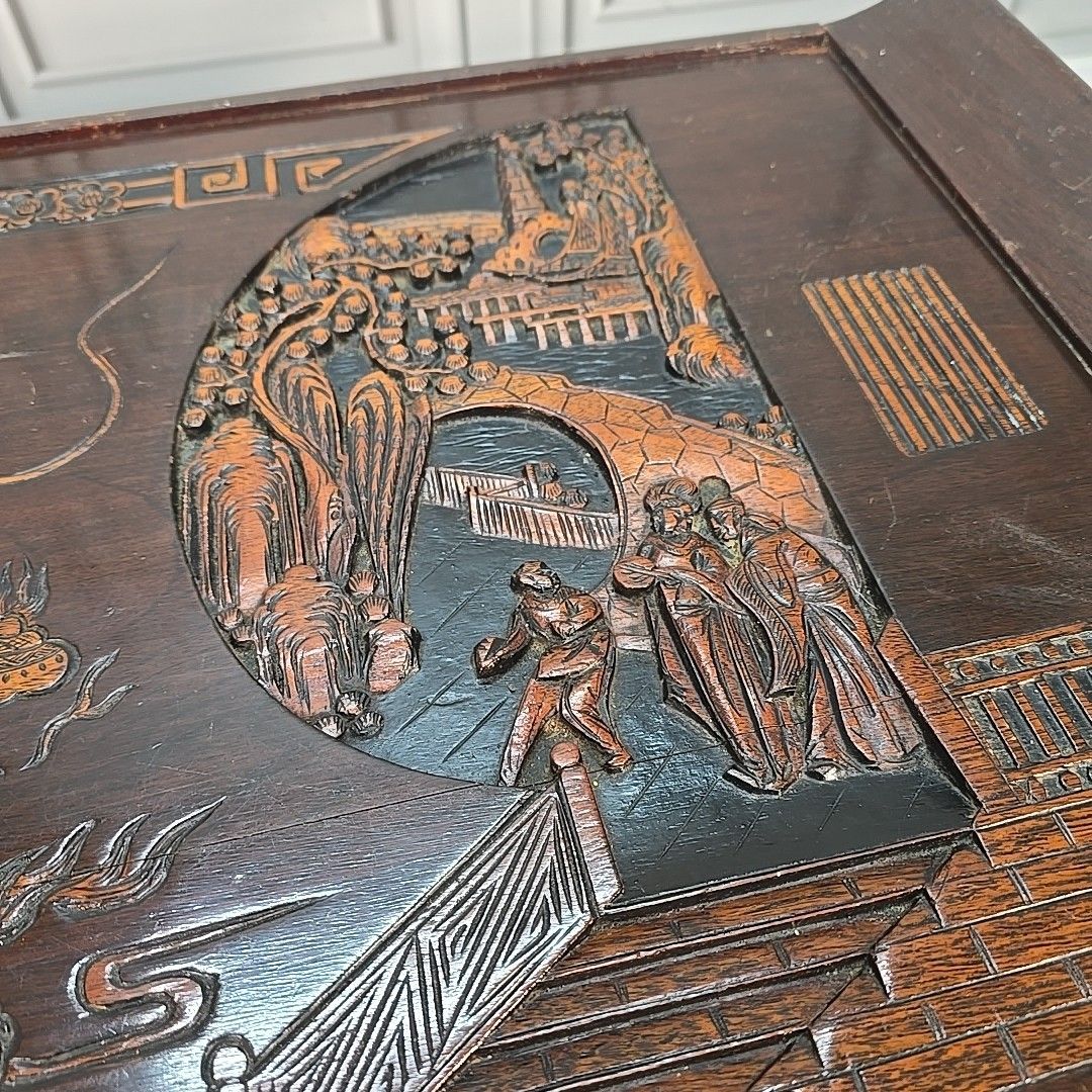photo buy Vintage Oriental Coffee Table Carved Panel Glass Top Hardwood Chinese Retro