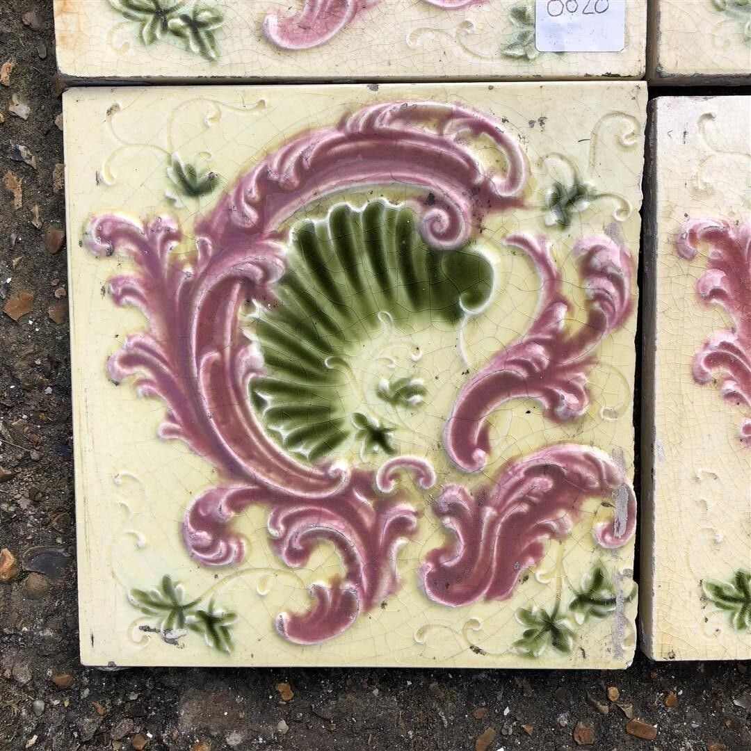 Six Antique Ceramic Fireplace Tiles Cream Glaze With Pink And Green Embossed Shell Design photo Home Fixtures