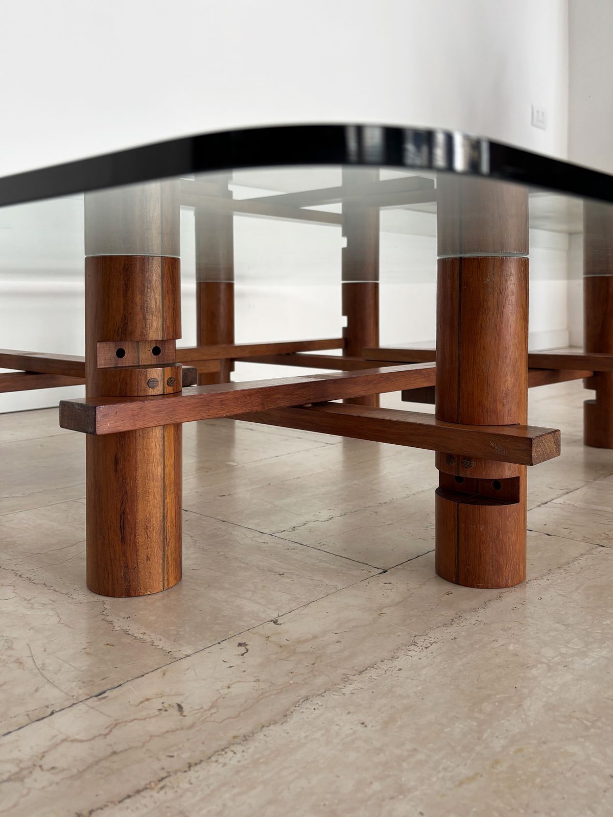 Furniture Theodore Waddell For Bernini Midcentury Glass Wood Coffe Table Italy 1970s photo
