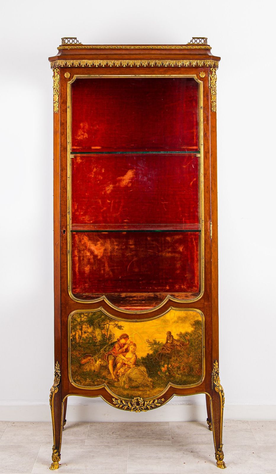 Antique French Vernis Martin Display Cabinet   Ormolu Mounted Glass Vitrine With Painted Panel