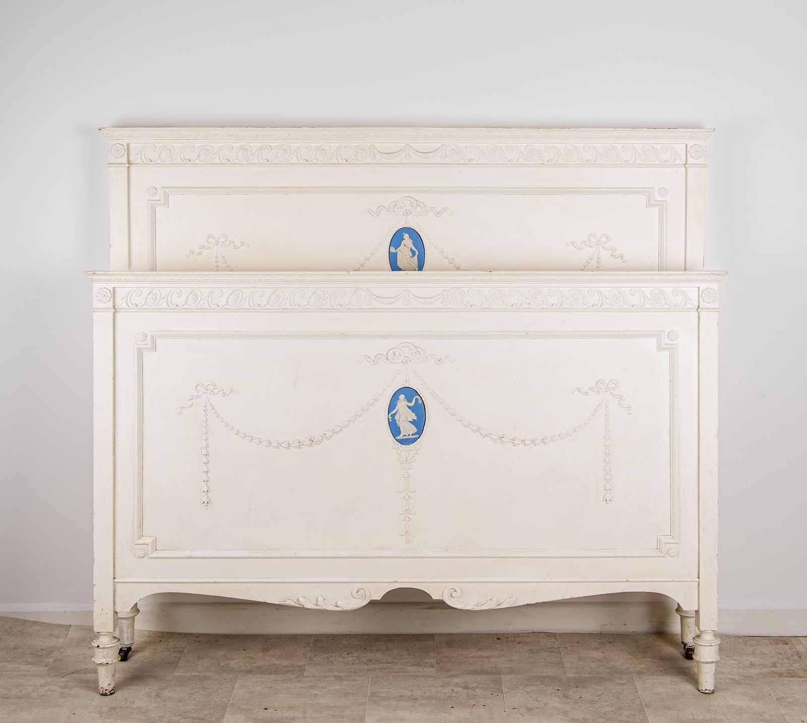 Antique French Painted Double Bed Frame With Side Irons – Wedgwood Jasper Plaque Style Bedstead photo furniture