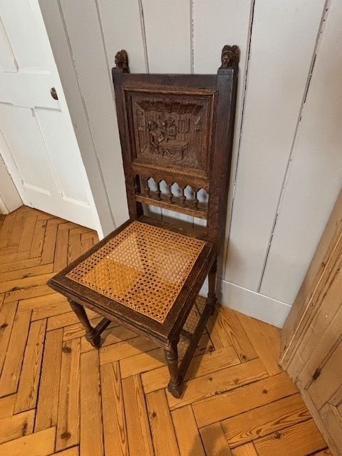 Oak Chair With Canework Seat And Carved Tavern Scene Of Back Panel photo furniture