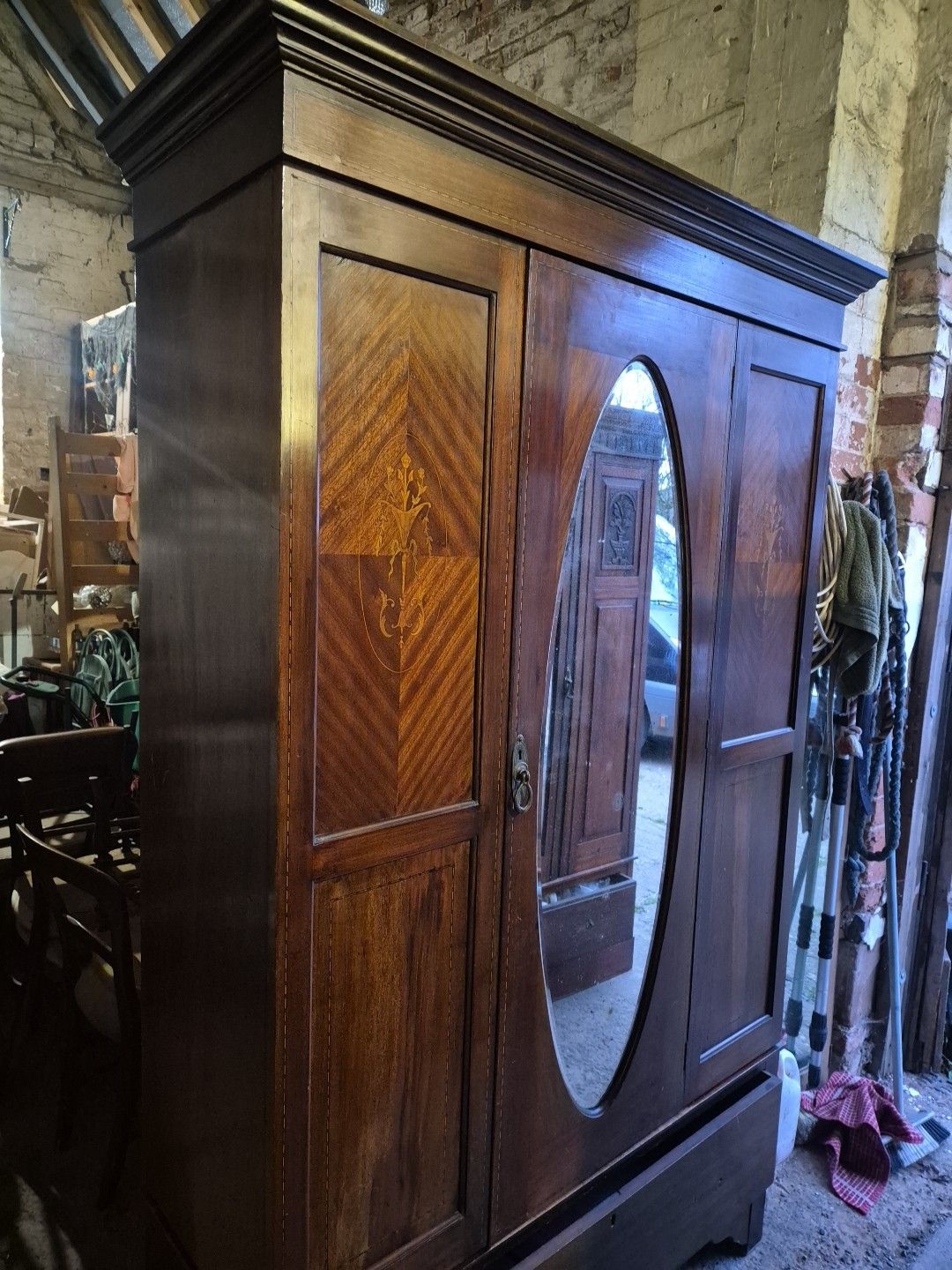 Antique Edwardian Mahogany Inlaid Mirrored Wardrobe With Drawer photo furniture