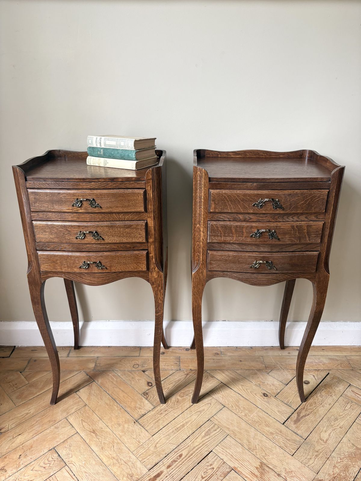 photo for sale Pair Of Elegant French Oak Bedside Tables