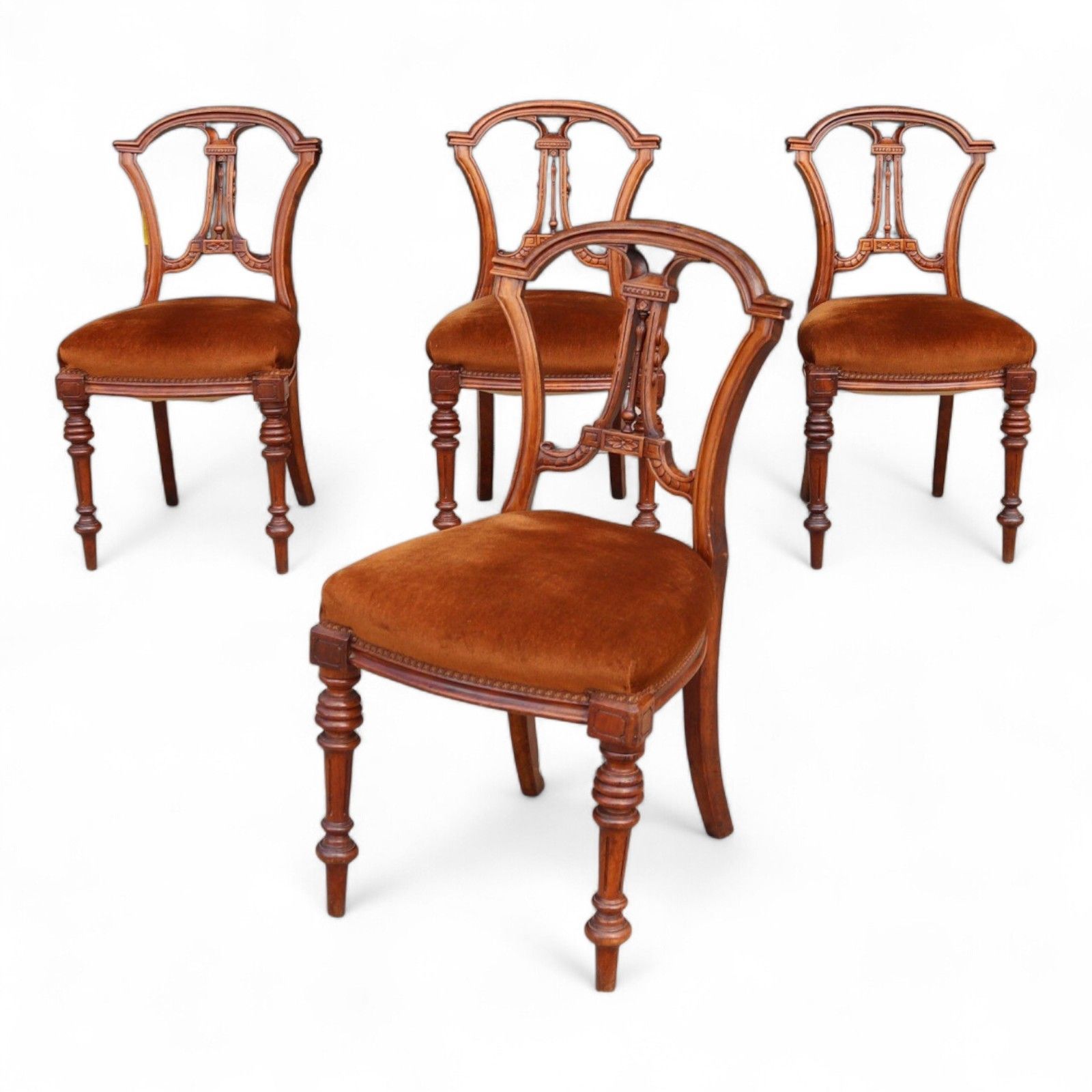 Antique Set Of 4 Victorian Mahogany Open Back Carved Dining Chairs Circa 1870