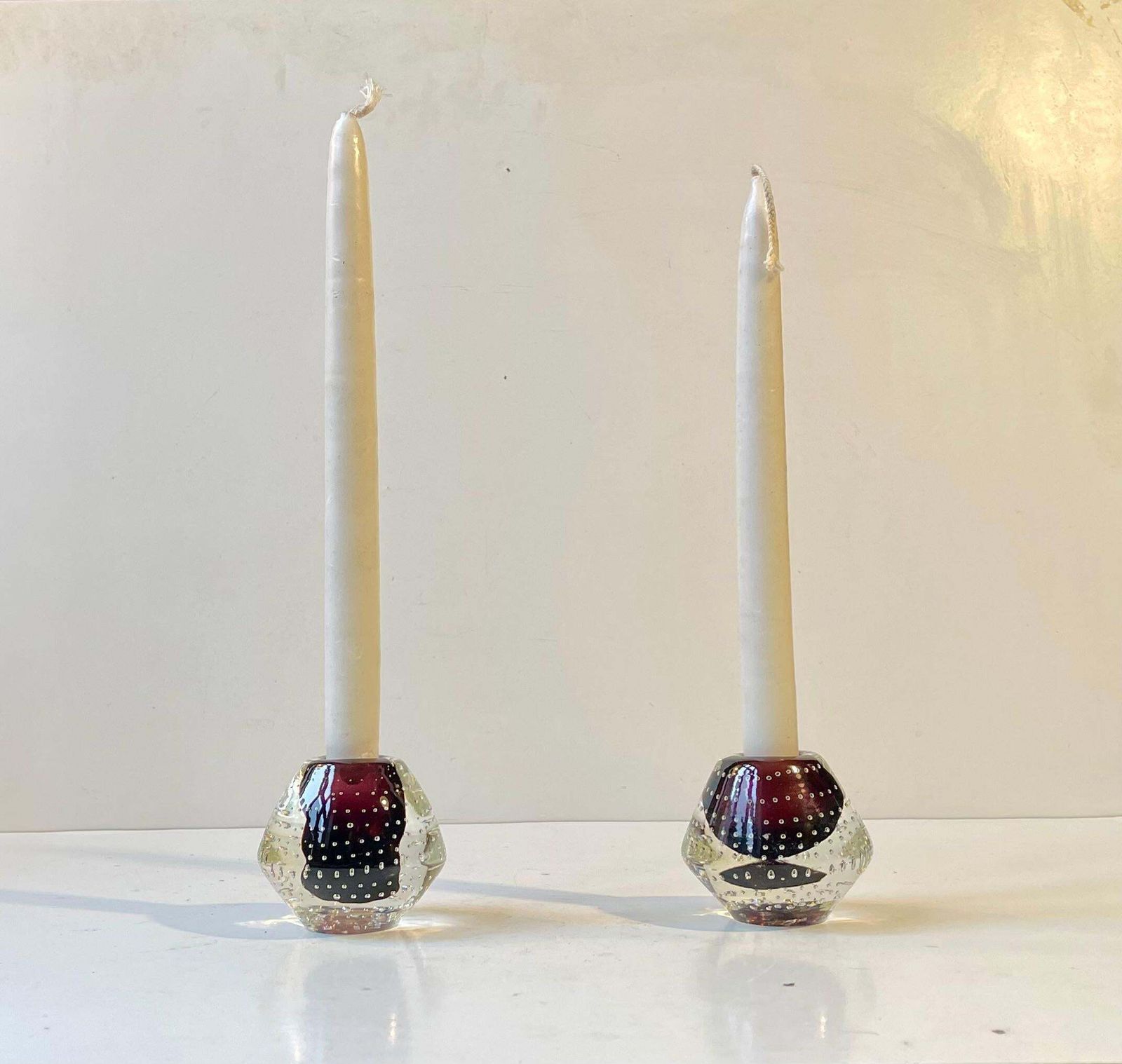 Scandinavian Modern Purple Sommerso Candleholders W. Air Bubbles photo Home Decor