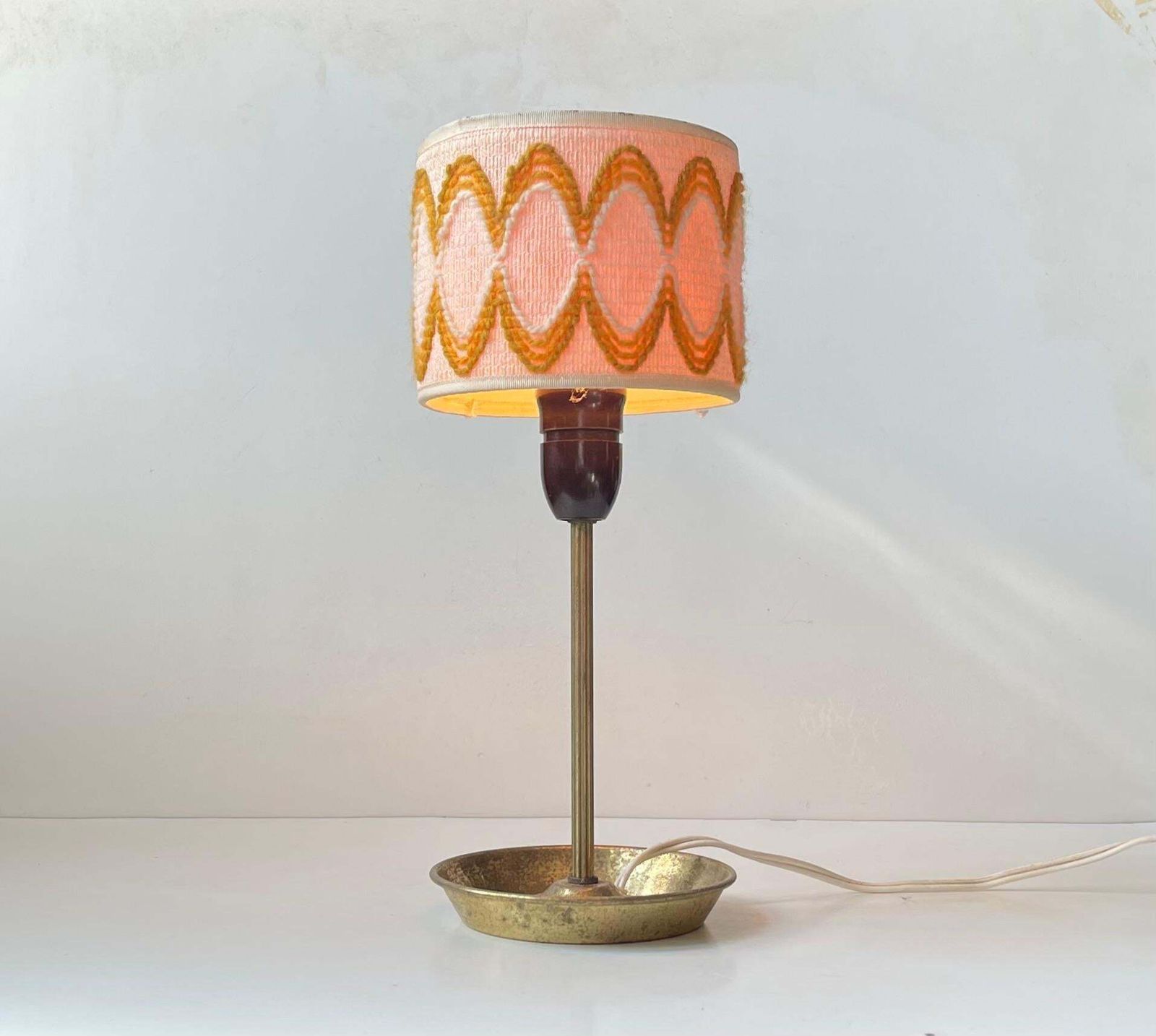 Vintage Hippie Table Lamp With Ashtray Brass Base & Wool Shade, 1970s photo furniture