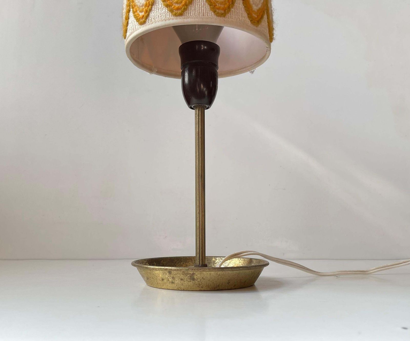 Vintage Hippie Table Lamp With Ashtray Brass Base & Wool Shade, 1970s photo vintage
