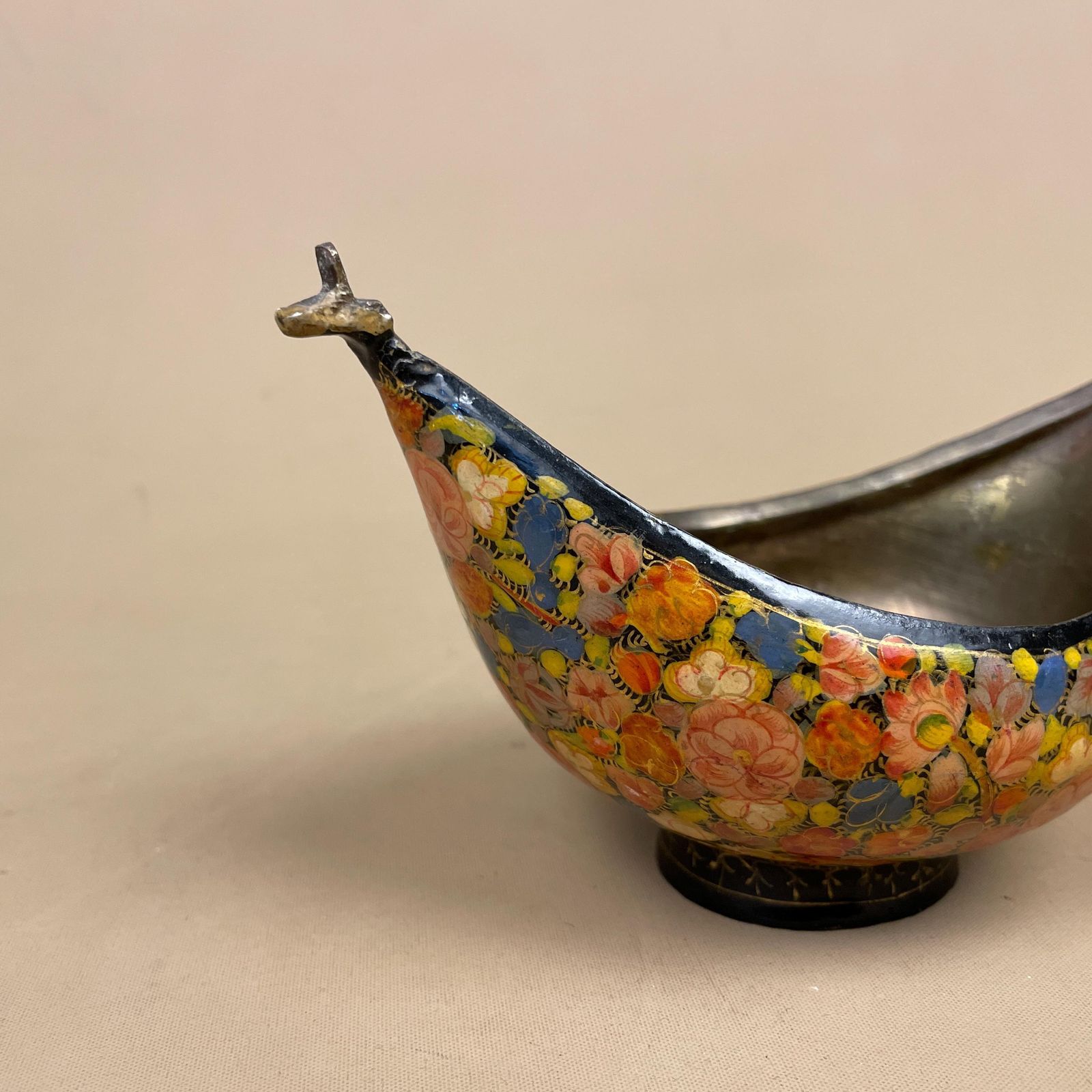 Kashmir Papier Mache Bowl Brass Inner Hand Painted Floral Suffering Moses Style Indian Decorative Dish Collectable photo furniture