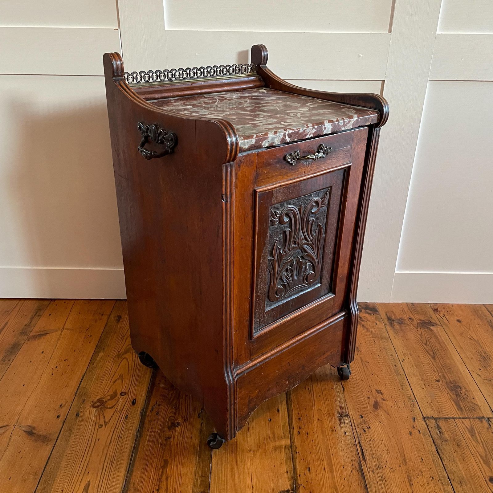 Antique Coal Scuttle Cabinet Wooden Red Marble Top On Wheels Victorian Fireplace Carved Wood Furniture Mahogany Box