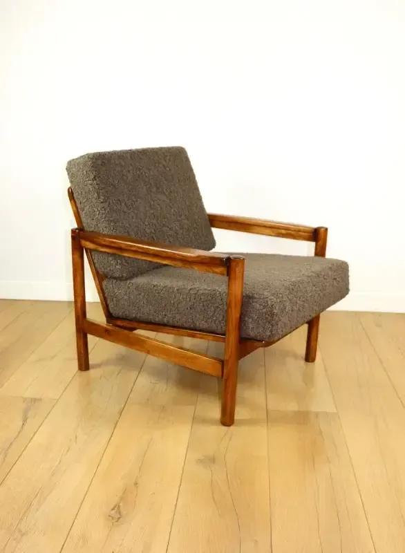 Wooden Armchair Designed By Z. Baczyk, Vintage Brown, Chocolate Brown, Boucle Lamb