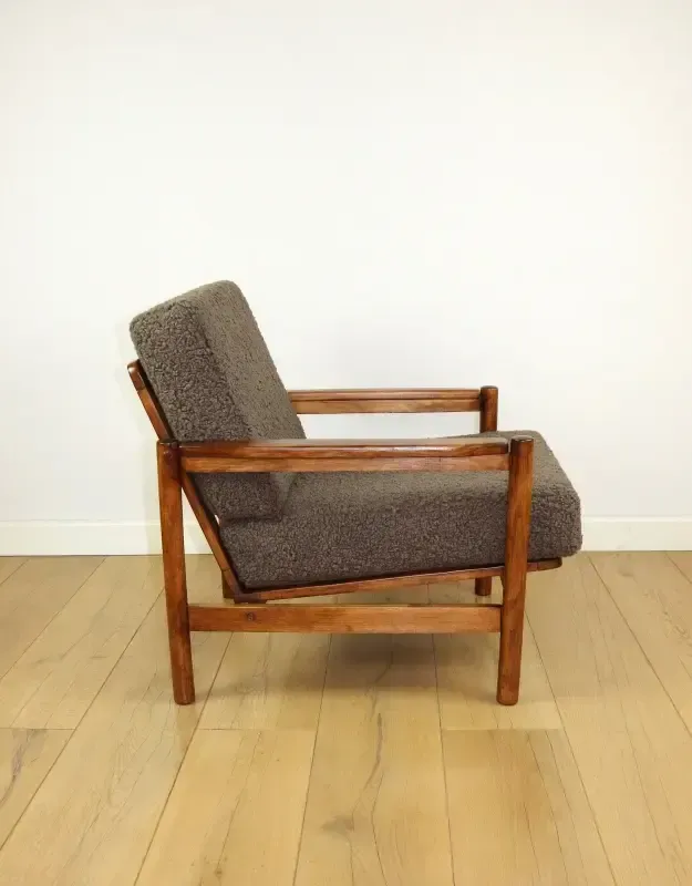 photo furniture Wooden Armchair Designed By Z. Baczyk, Vintage Brown, Chocolate Brown, Boucle Lamb