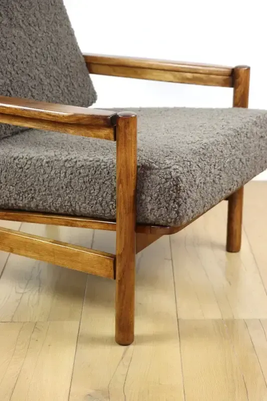 Furniture Wooden Armchair Designed By Z. Baczyk, Vintage Brown, Chocolate Brown, Boucle Lamb photo