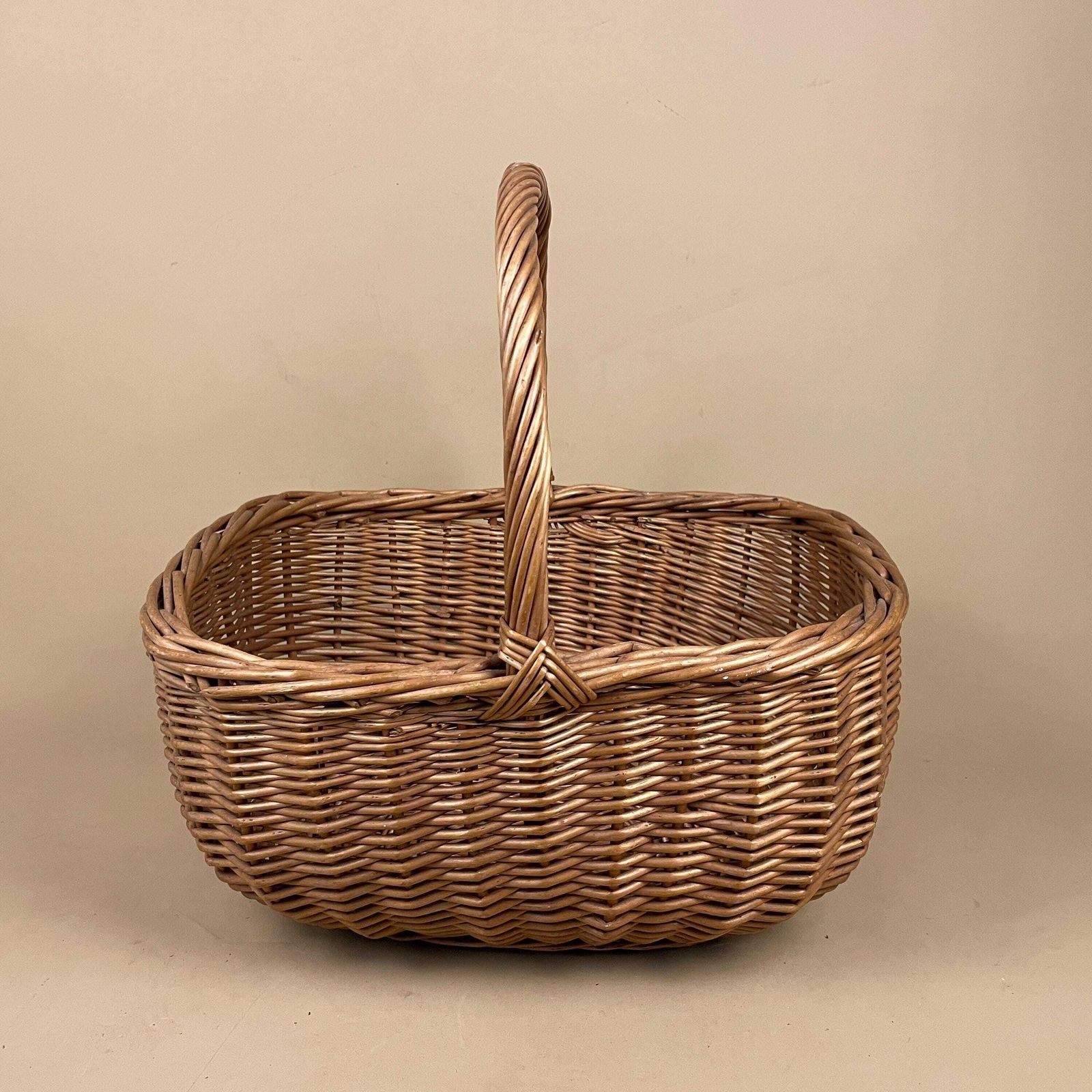 Oval Basket Woven Wicker Handle Log Storage Laundry Carrier Cottage Farmhouse Vintage Antique Handmade Old Traditional Round Medium Picking photo furniture