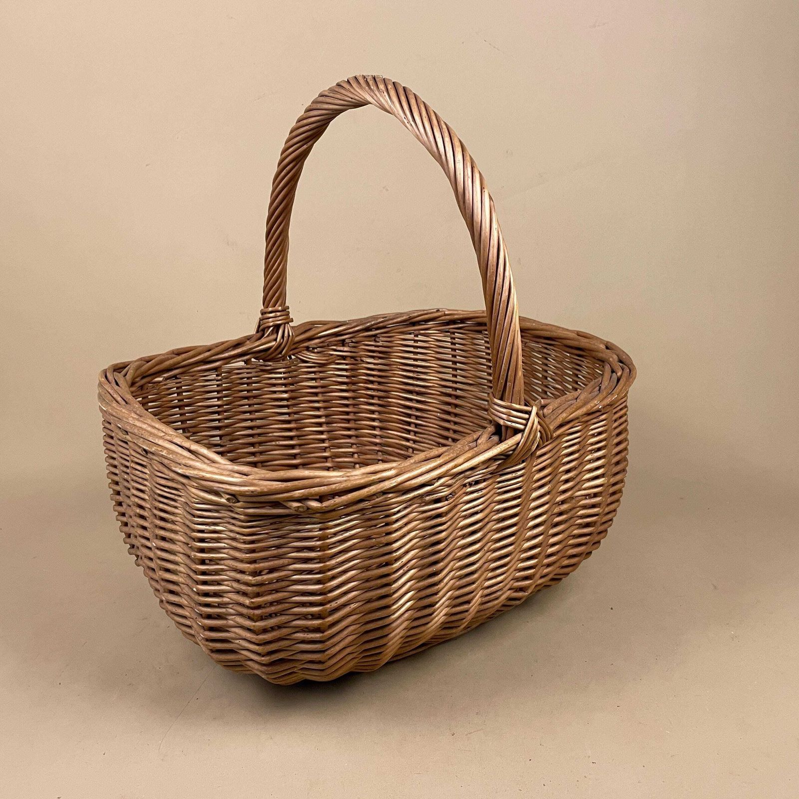 Oval Basket Woven Wicker Handle Log Storage Laundry Carrier Cottage Farmhouse Vintage Antique Handmade Old Traditional Round Medium Picking photo Home Decor