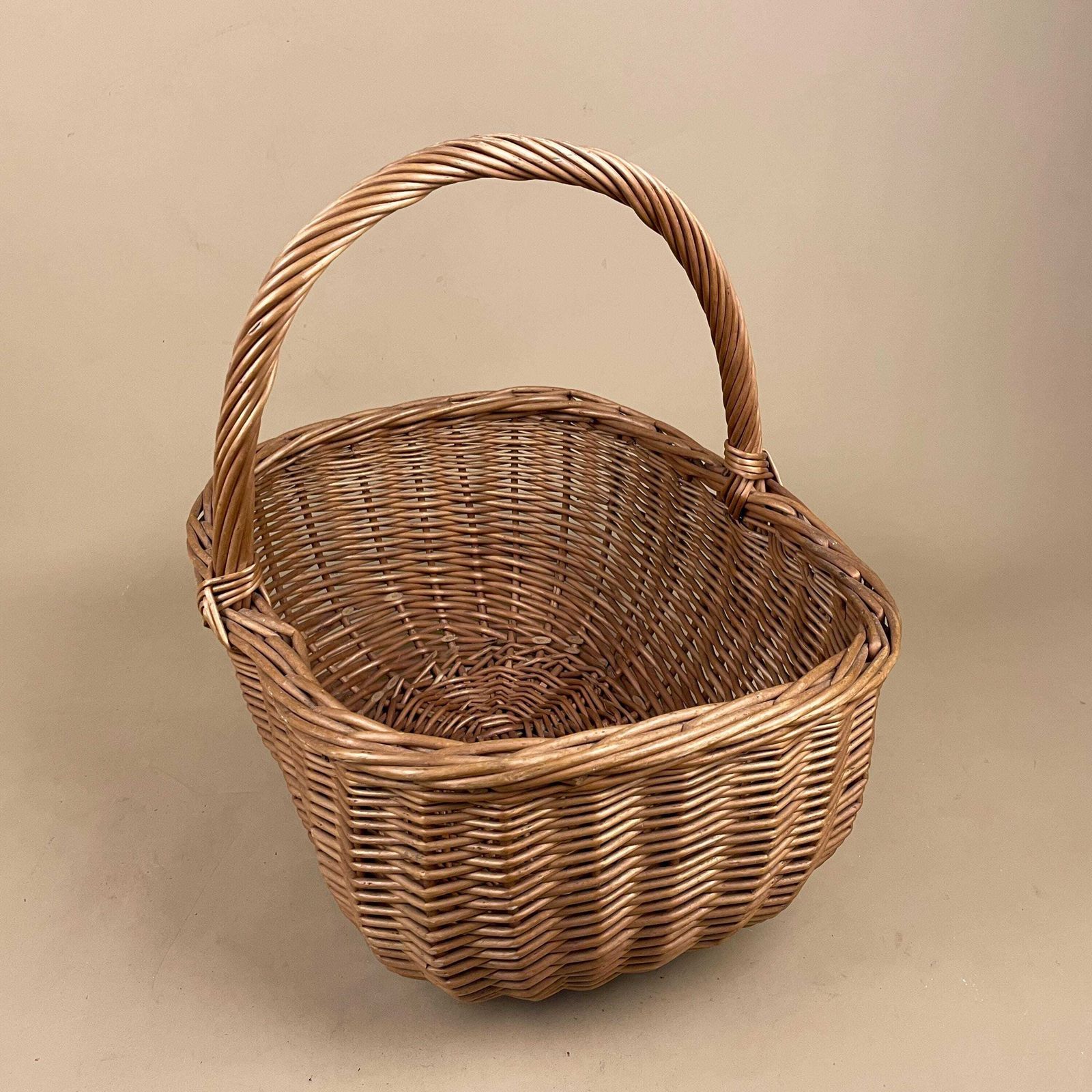 Oval Basket Woven Wicker Handle Log Storage Laundry Carrier Cottage Farmhouse Vintage Antique Handmade Old Traditional Round Medium Picking photo vinterior