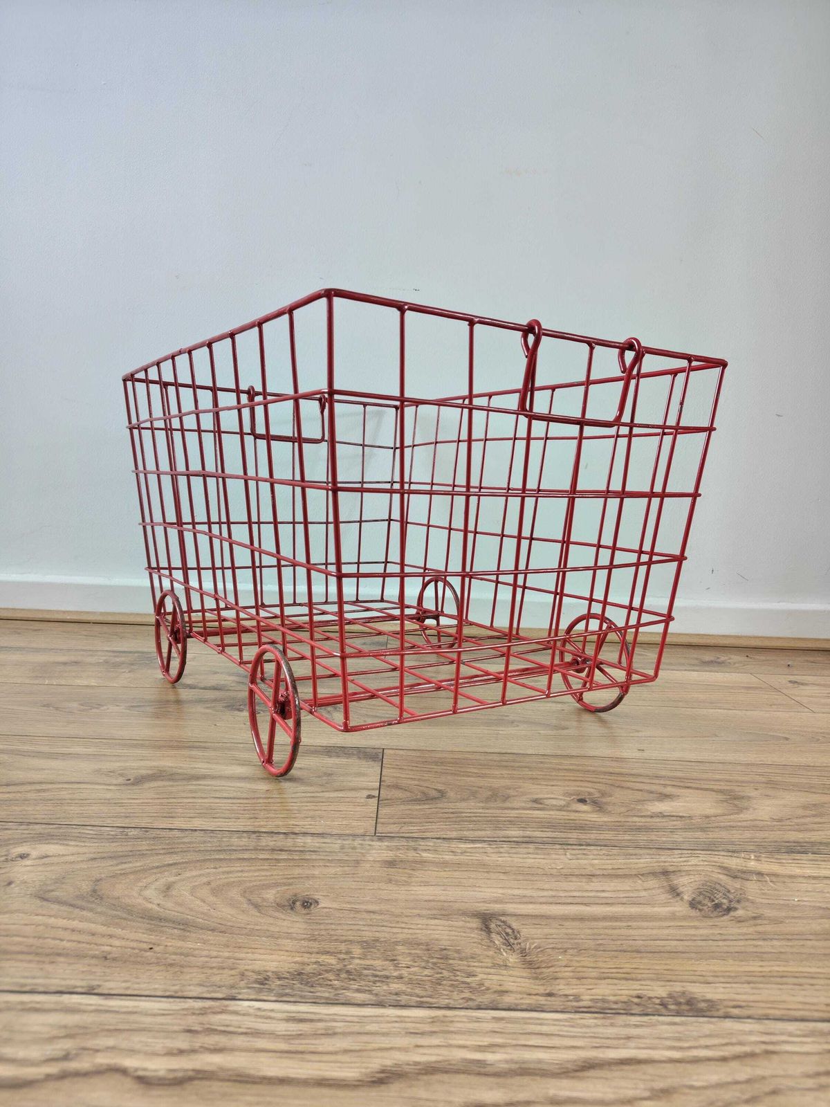 Home Decor Vintage Red Wire Basket On Wheels, Log Basket, Toy Basket, Towel Basket. photo