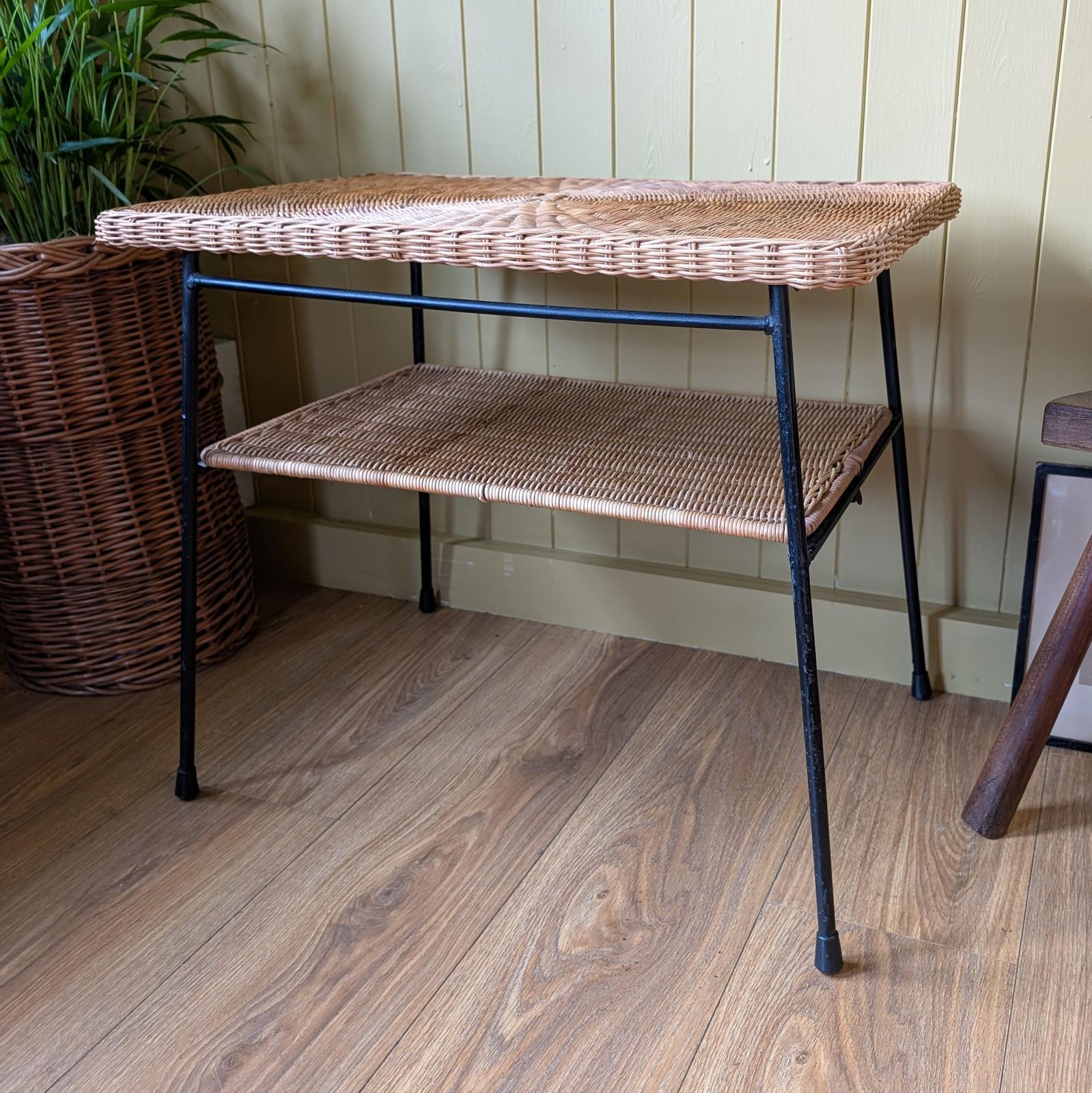 Mid Century Steel And Rattan Side Table photo for sale