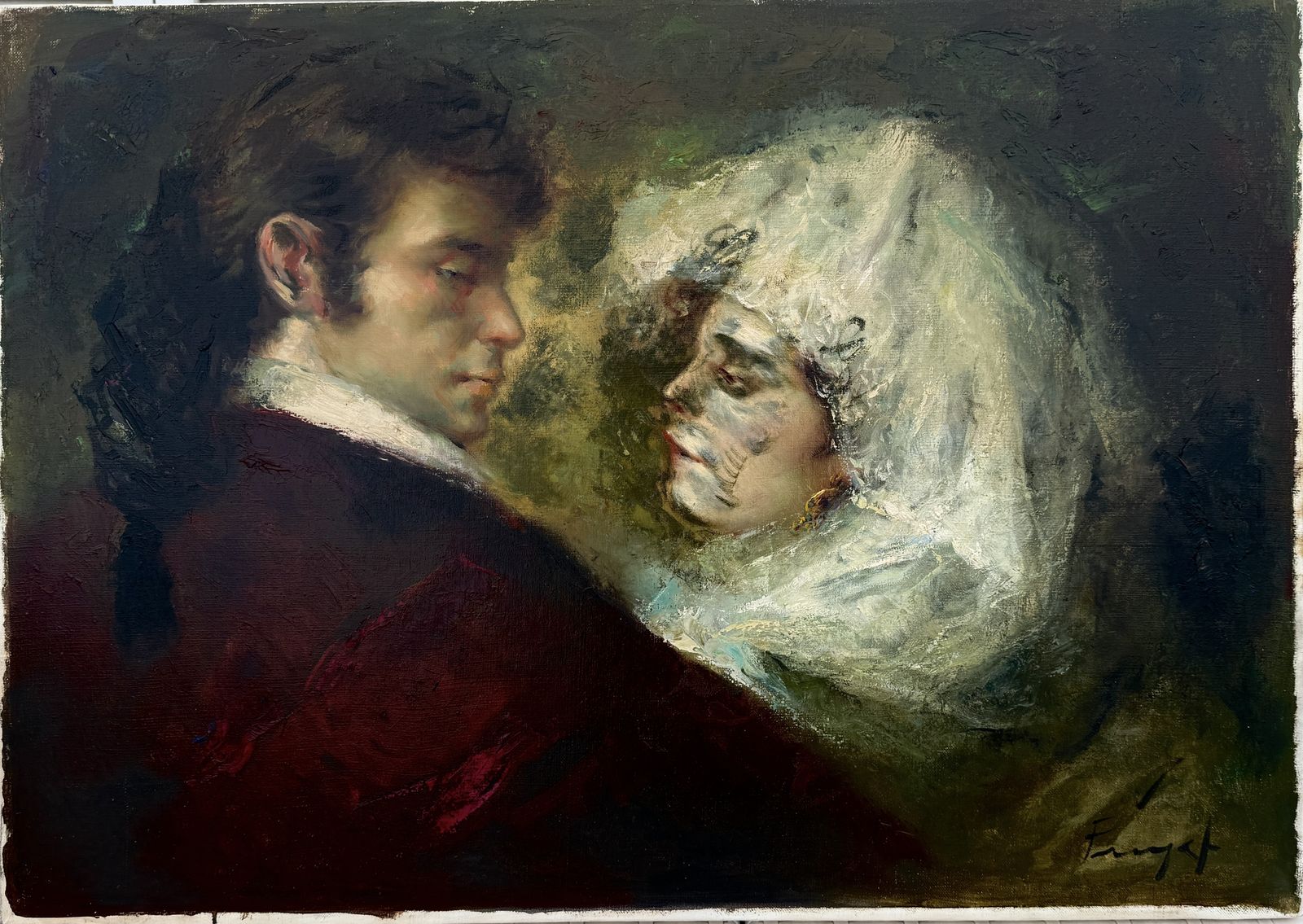 Jose Puyet Mid Century Spanish Romantic Couple Mantilla Portrait Figurative Oil 1970