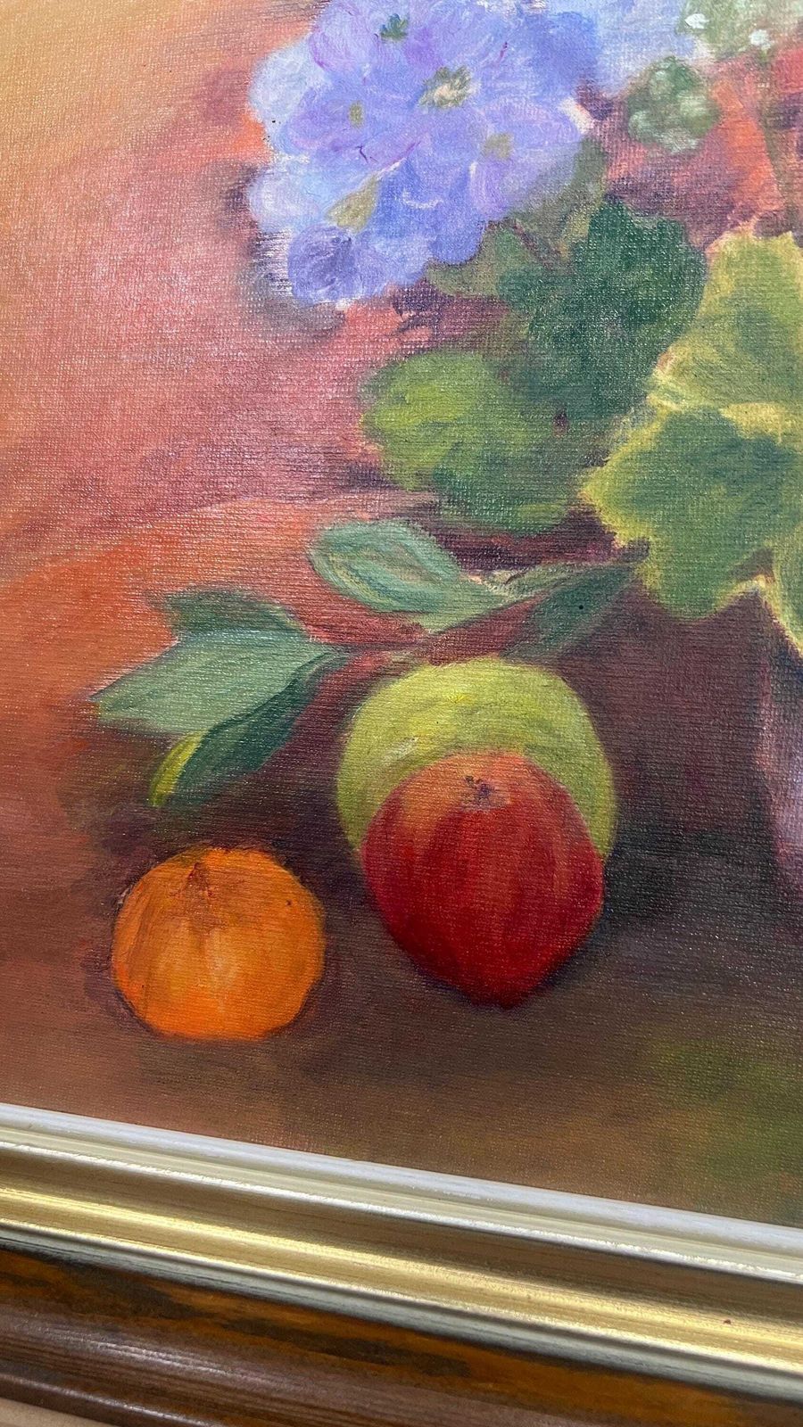 Signed Mid Century Oil Painting Still Life Flowers And Fruit Framed Picture 1980s photo for sale